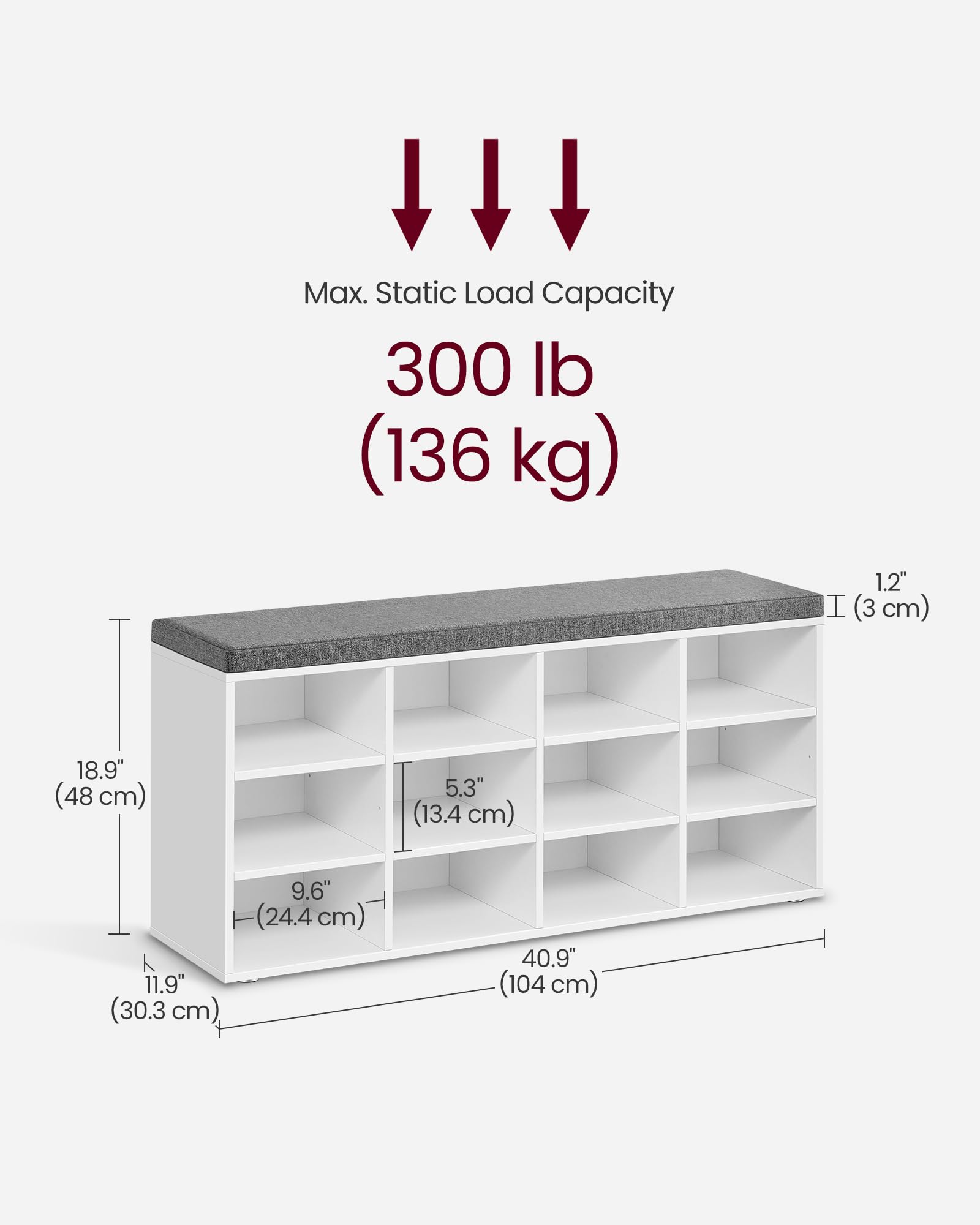 VASAGLE Shoe Storage Bench with Padded Seat | 12 Compartments | Adjustable Shelves | 104 x 30.3 x 48 cm | Cloud White 3