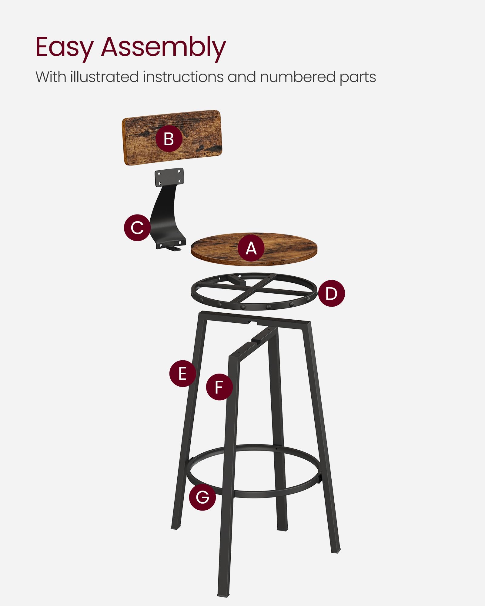 VASAGLE Bar Stools Set of 2 - Industrial Style with Backrest | Rustic Brown & Black | 100kg Capacity 8