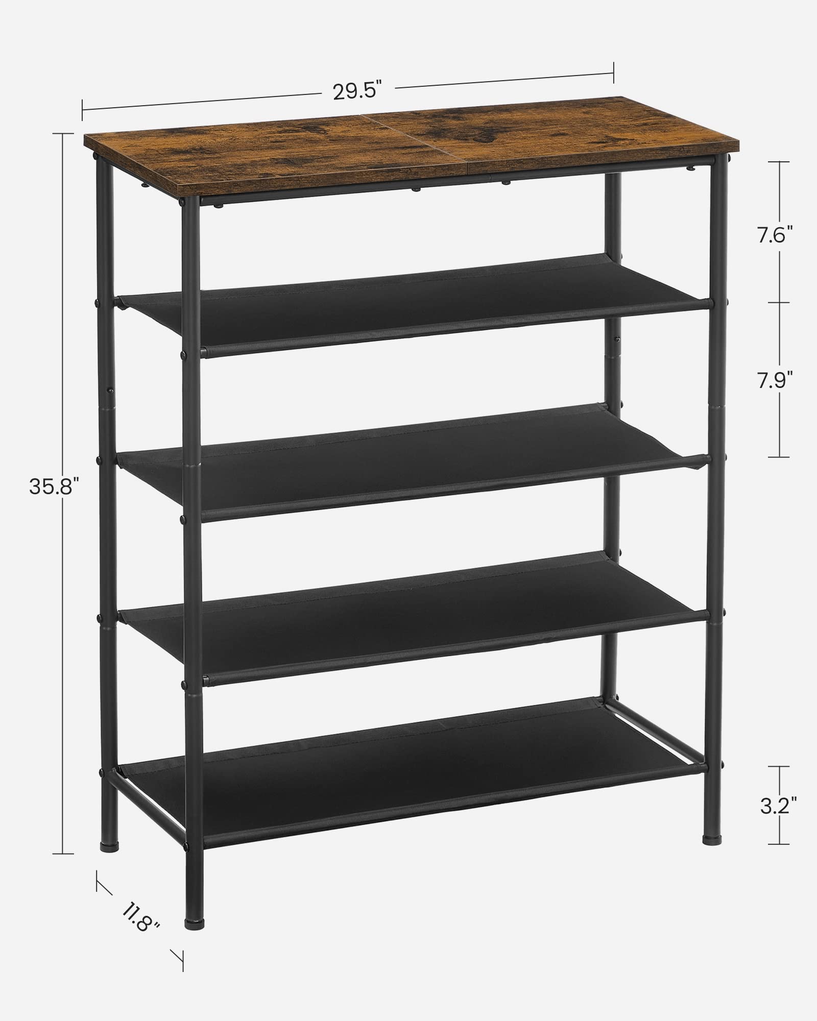 VASAGLE 5 Tier Shoe Rack - Narrow Storage Organiser for Hallway, Rustic Brown+Black 3