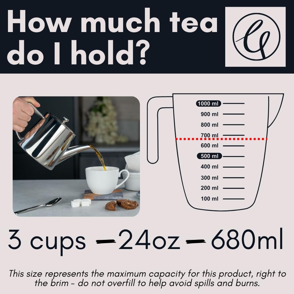 Café Olé Derwent Teapot - 24oz (680ml) | Stainless Steel | Cool-Touch Handle 4