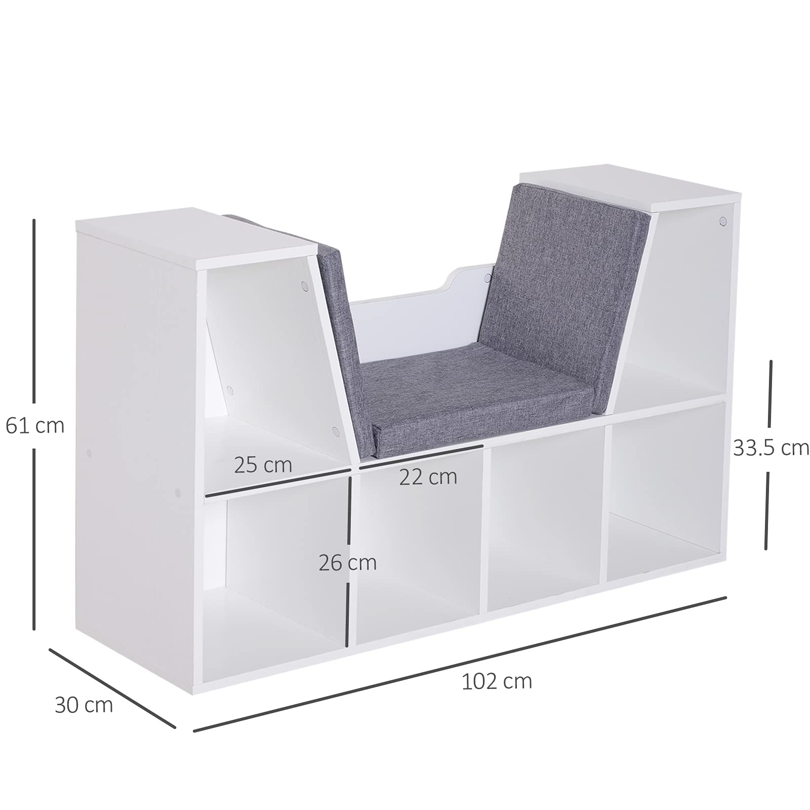 HOMCOM Bookcase Storage Shelf with Cushioned Reading Seat | 6 Cubbies | White Engineered Wood 3
