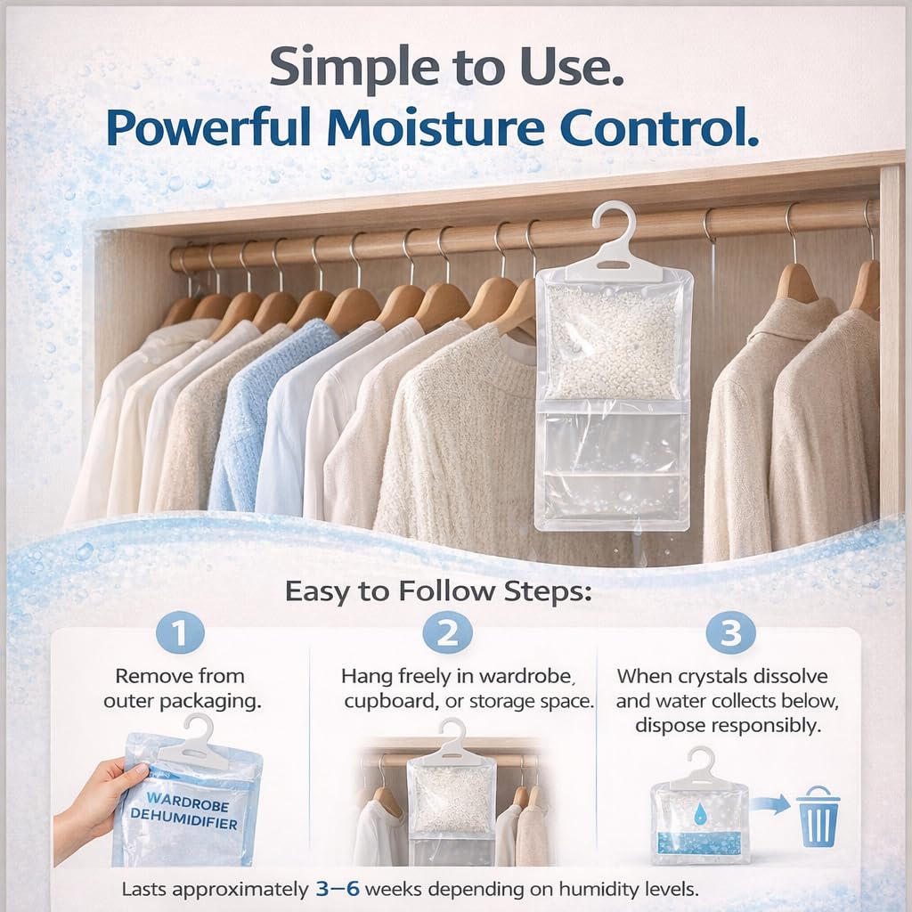 1ABOVE Hanging Wardrobe Dehumidifier Bags - 6 Pack | Moisture Absorber for Closets & Cabinets 6