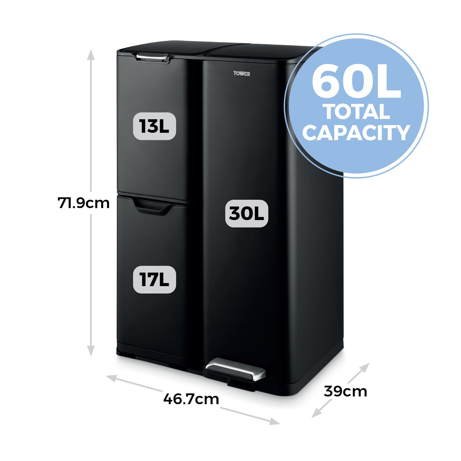 Tower Recycling Pedal Bin - 60L Capacity | 3 Compartments | Carbon Steel 6