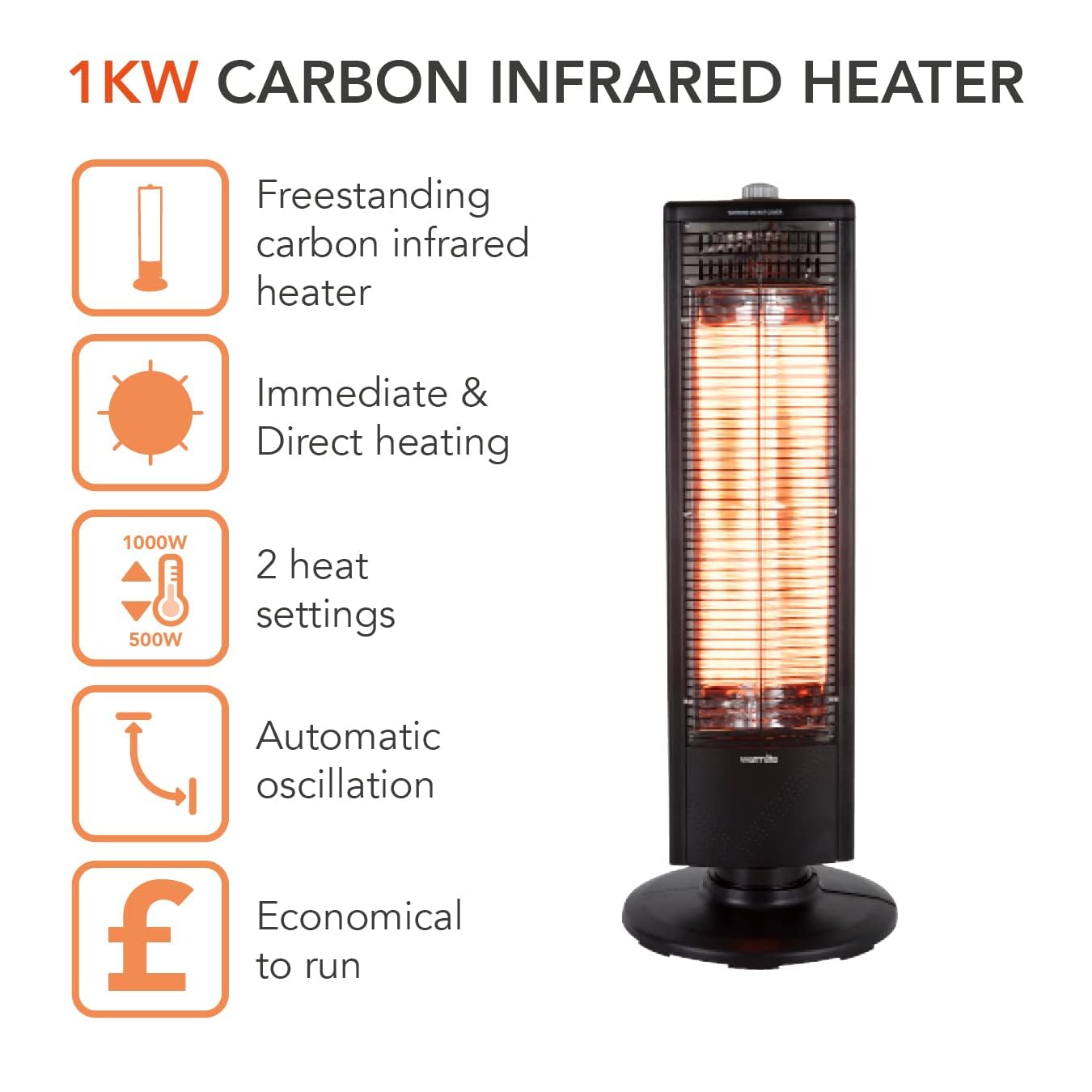 Warmlite WL42013 Freestanding Carbon Infrared Heater - 1000W, Oscillation, Overheat Protection 2