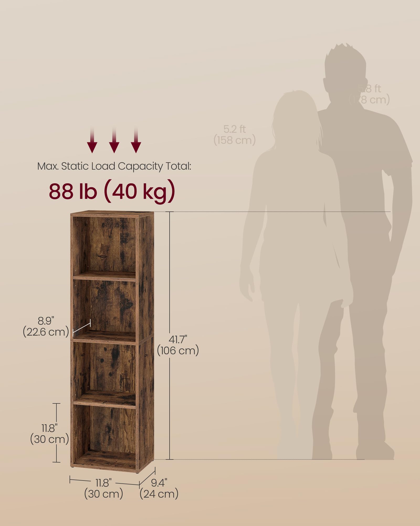 VASAGLE CUSTOS Collection 4-Tier Cube Bookcase Storage Shelf | Rustic Brown | Adjustable Shelves 3