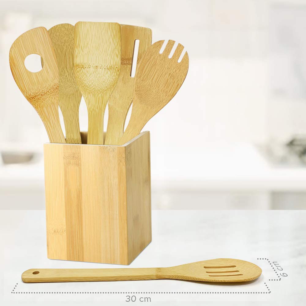 joeji's Kitchen Bamboo Wooden Kitchen Utensils Set of 6 | Eco-Friendly & Non-Scratch | Brown 2