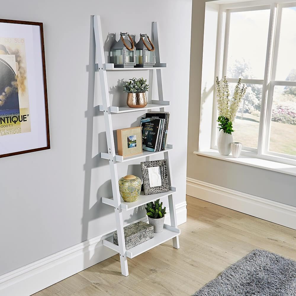 Home Source Modern 5 Tier Ladder Bookcase Shelving Unit | White Engineered Wood | Space Saving 2