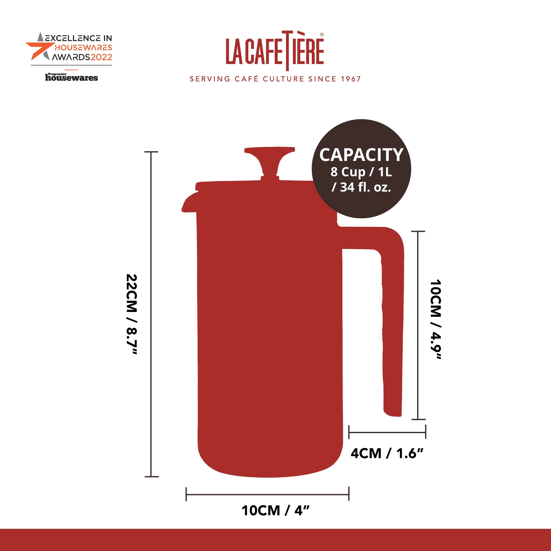 La Cafetière Pisa Stainless Steel French Press - 8 Cup (1L) | Heat-Resistant Glass | Latte Color 3