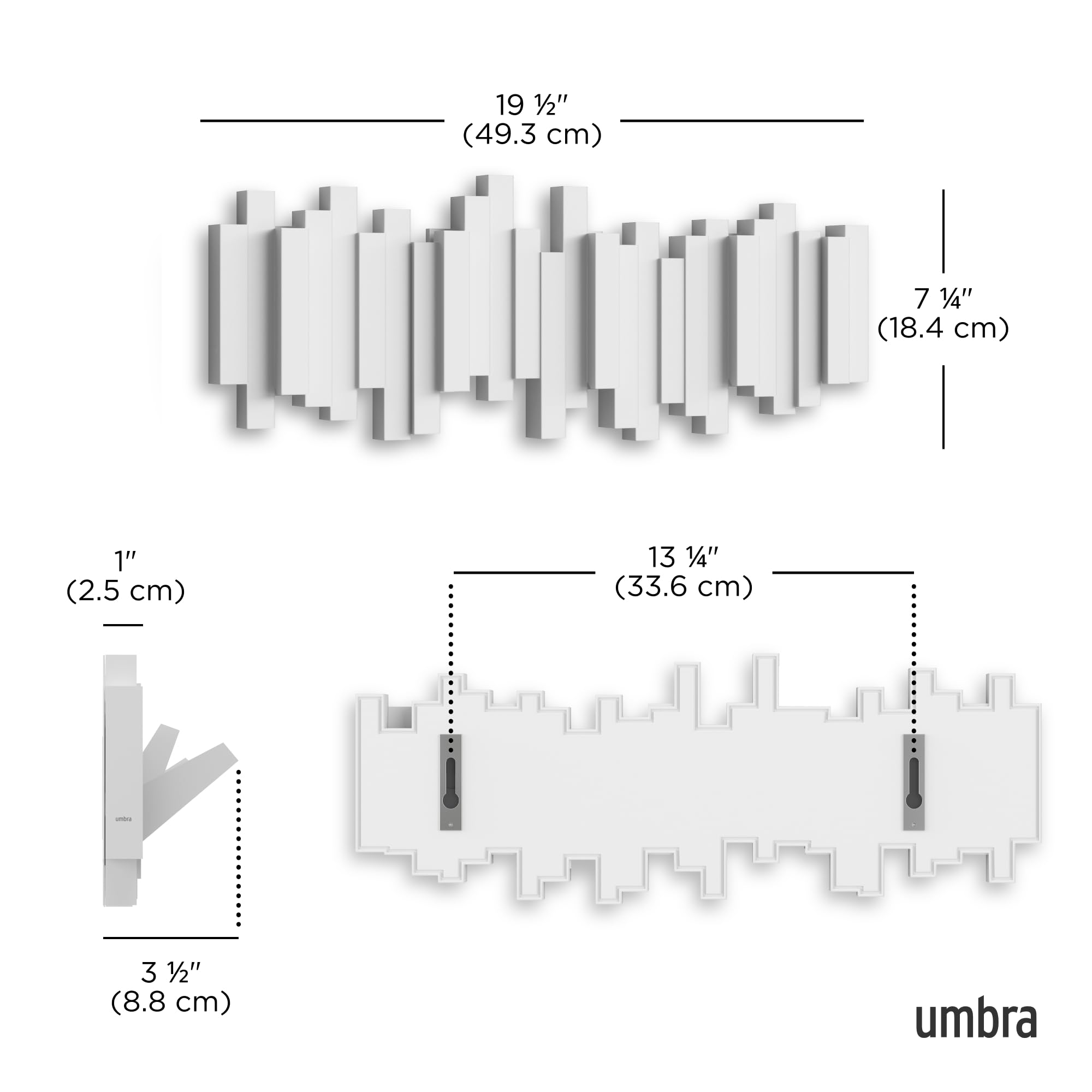 Umbra Sticks Wall-Mounted Coat Rack - 5 Retractable Pegs | Modern Design | White Plastic 3