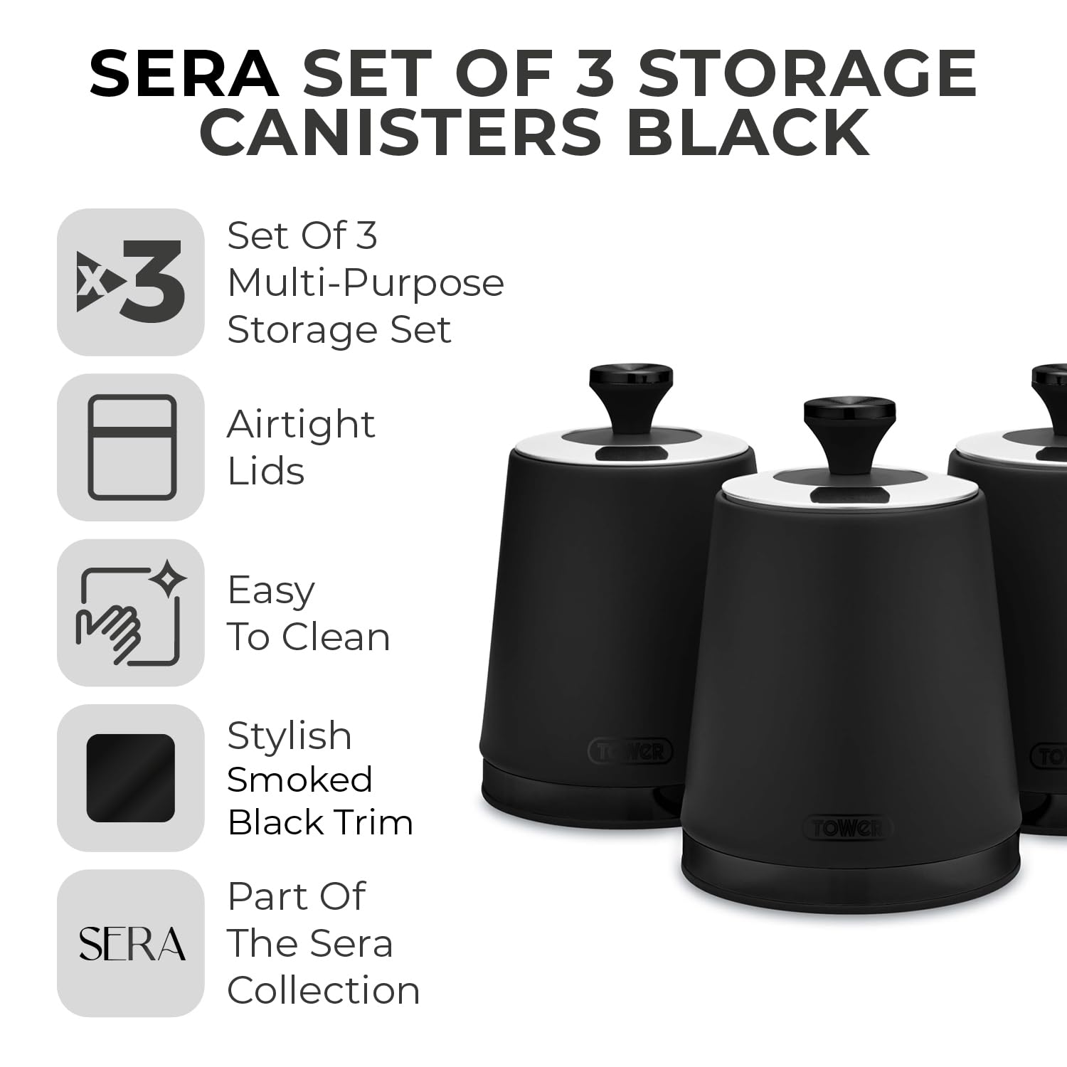 Tower Sera Set of 3 Canisters T826137BLK - Black Stainless Steel | 1.3L Capacity | Airtight