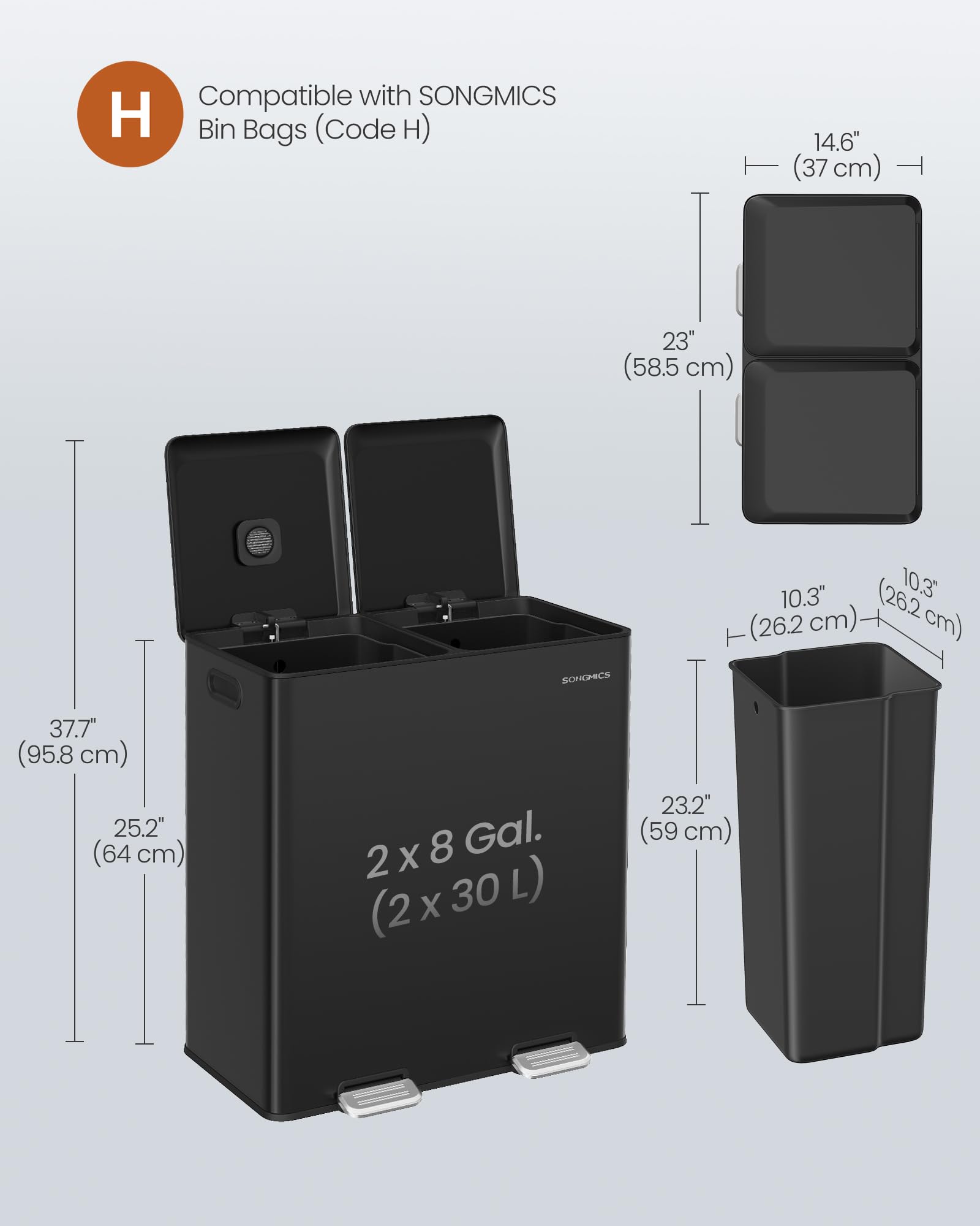 SONGMICS Kitchen Bin - Double Waste Separation System | 2 x 30 L Capacity | Ink Black 6