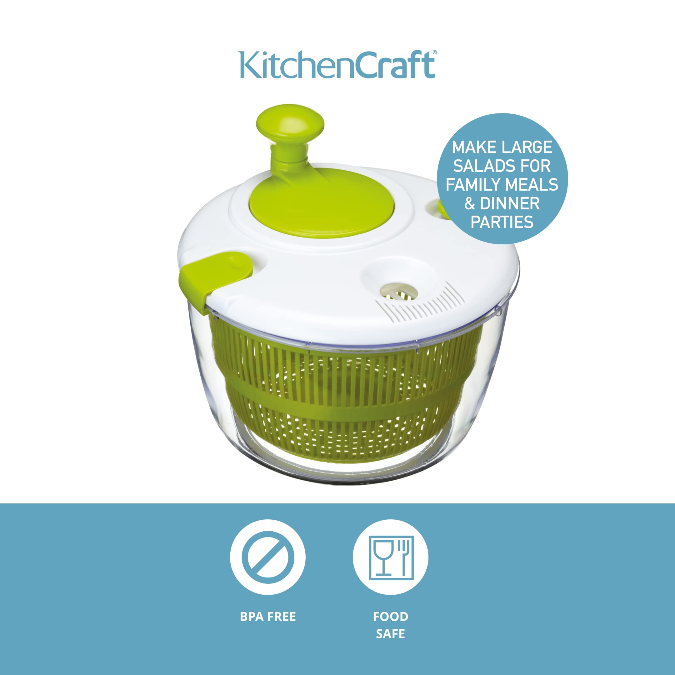 KitchenCraft Deluxe Salad Spinner and Dresser - Large Size, BPA Free Plastic, White/Green 2