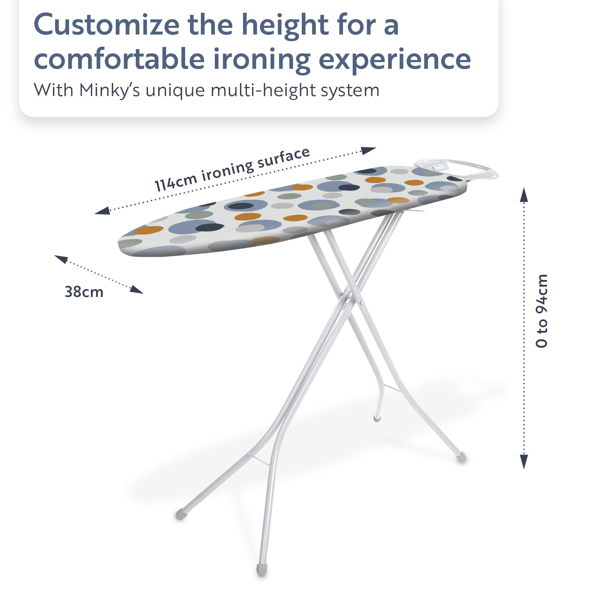 Minky Marine Ironing Board - 114 x 38cm Surface | Multi-Height up to 94cm | UK Made