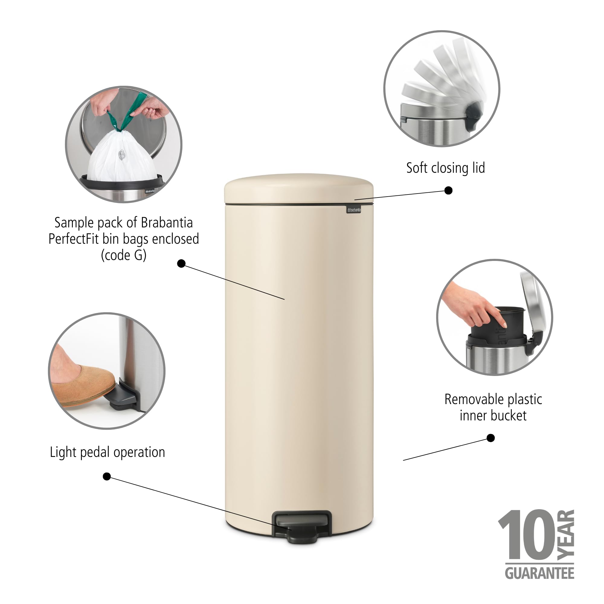 Brabantia NewIcon Pedal Bin - 30L Kitchen Waste Bin | Soft Beige | Soft Closing Lid 2
