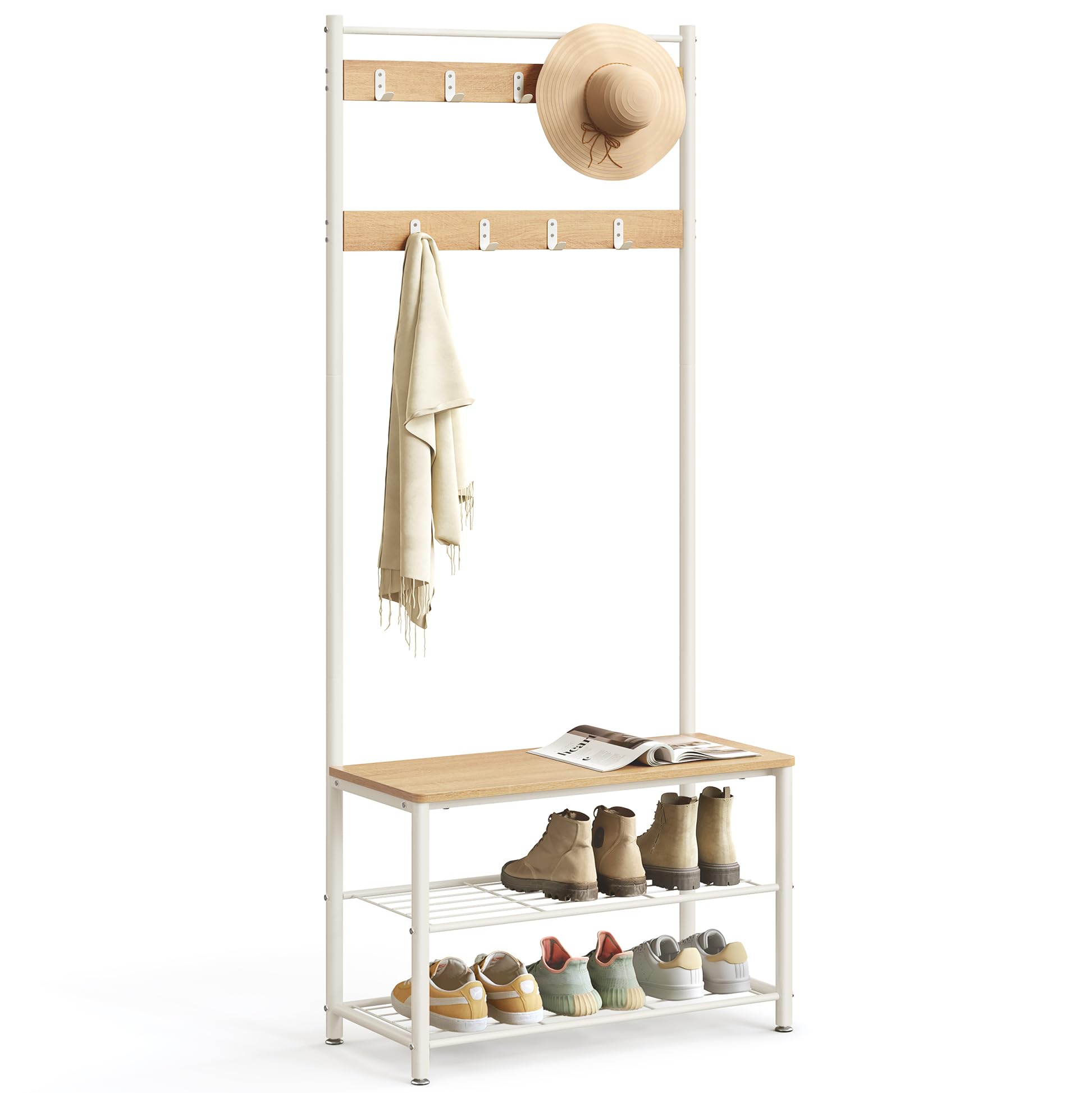 VASAGLE 3-in-1 Coat Rack with Shoe Bench and Shelf | Steel Frame | Colour Oak + Cream