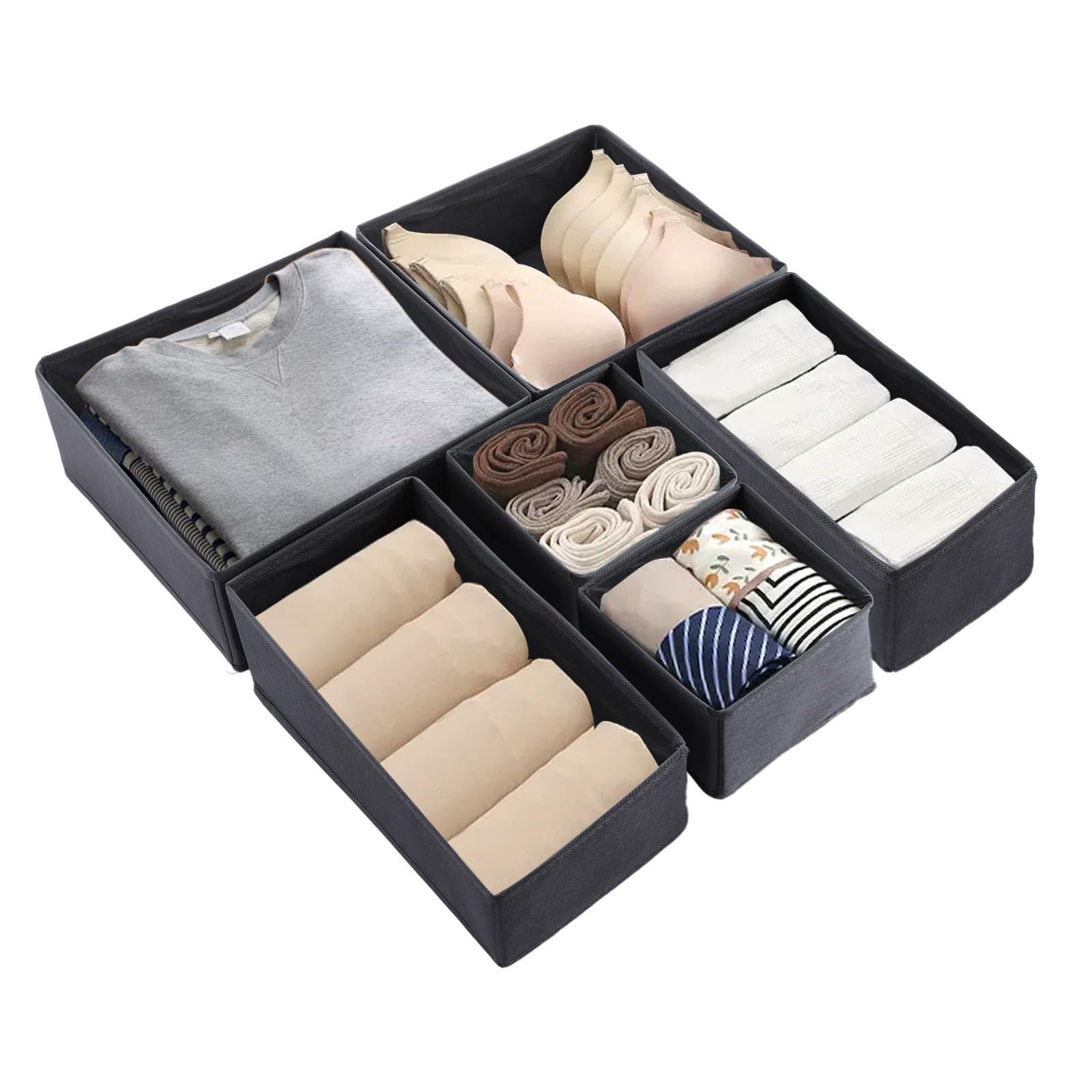 ASelected 6 Pcs Drawer Organisers - Foldable Grey Storage for Wardrobe & Drawers | 12cm Height