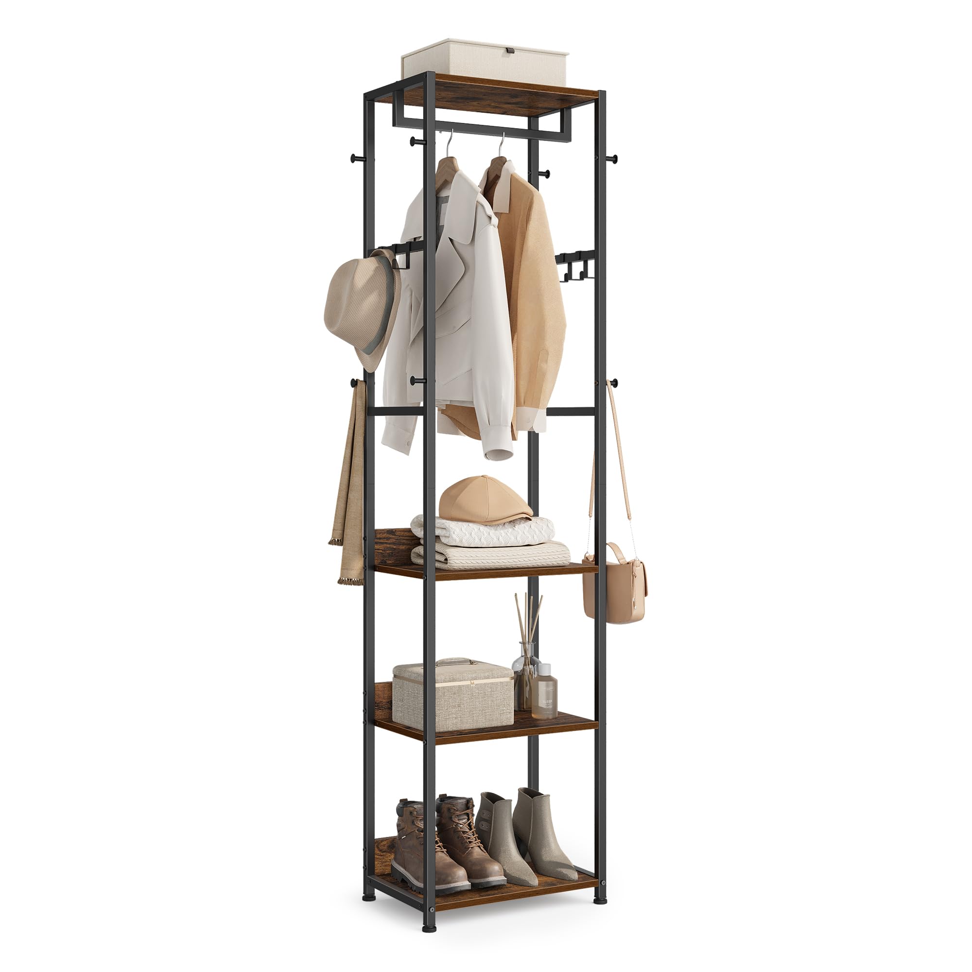 VASAGLE Clothes Rack Stand - Hanging Rail, 4 Shelves, Hooks | Ink Black + Rustic Brown