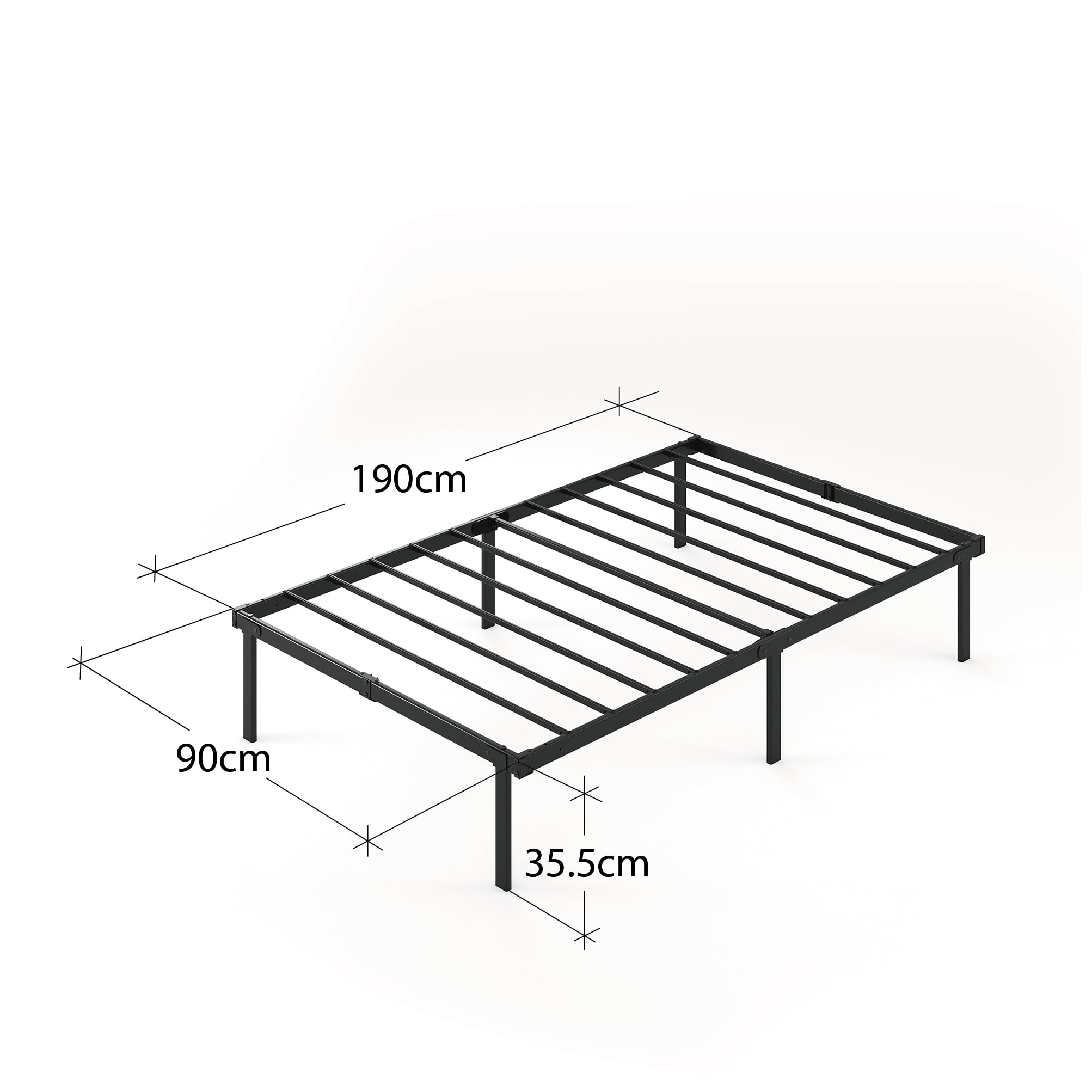 Zinus Caleb Single Bed Frame - 3ft (90 x 190 cm) - 14.2'' Height - Black Metal