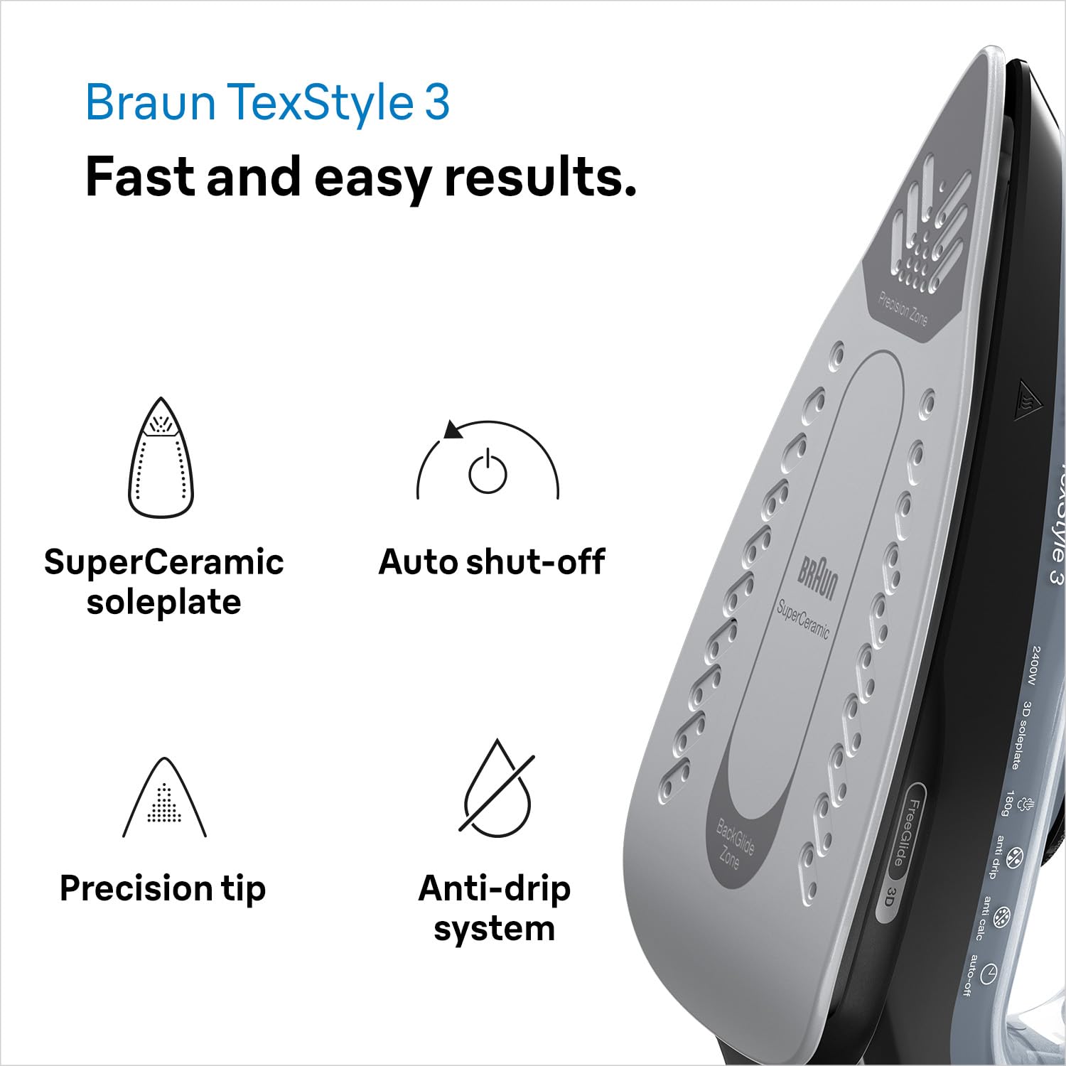Braun Texstyle 3 SI3055.BK Steam Iron - 180g/Min Steam Shot, 45g/Min Variable Steam, Auto Shut-Off 2