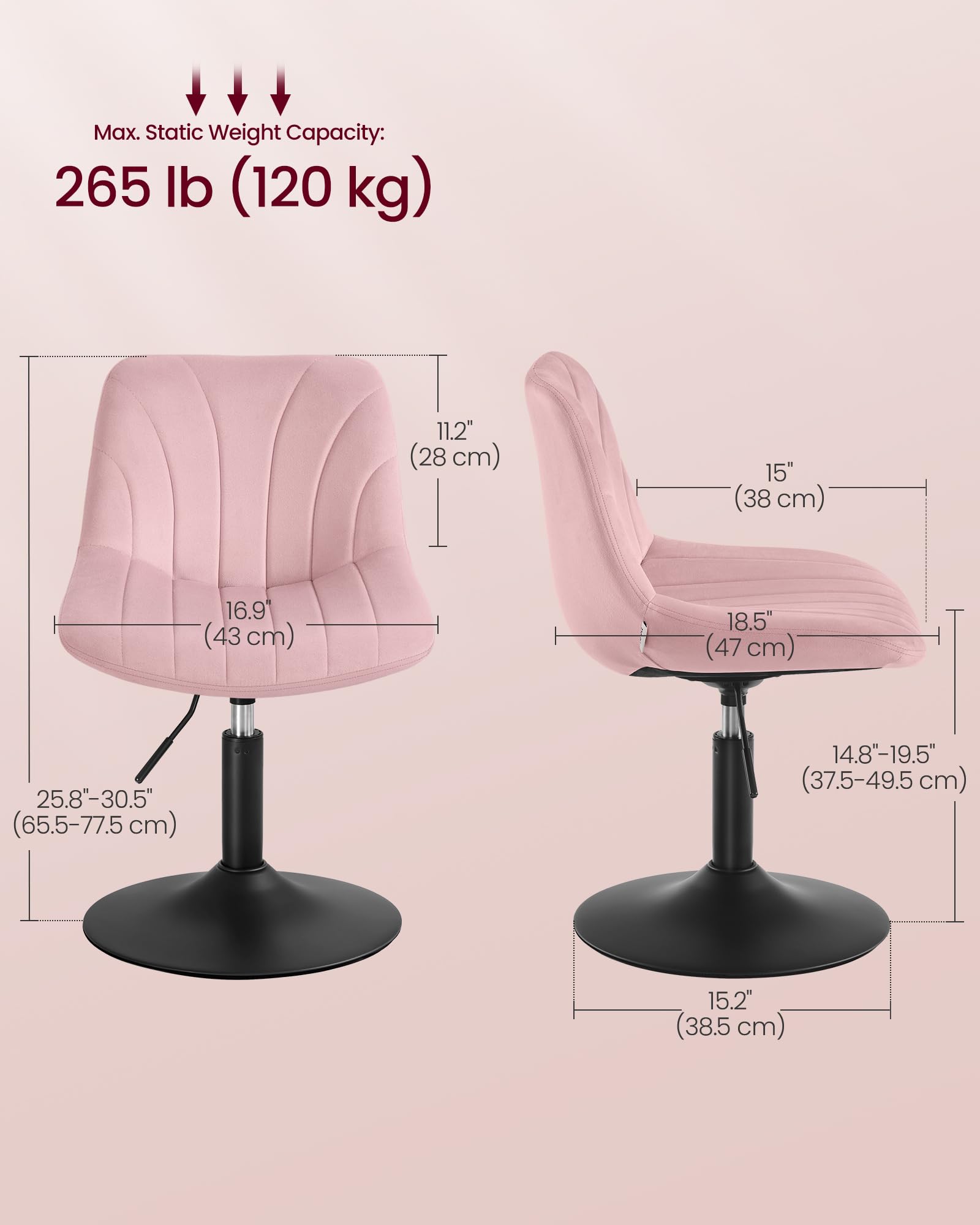 VASAGLE Height Adjustable Swivel Bar Stool with Backrest in Jelly Pink Velvet | 37.5-49.5 cm Height Range 2