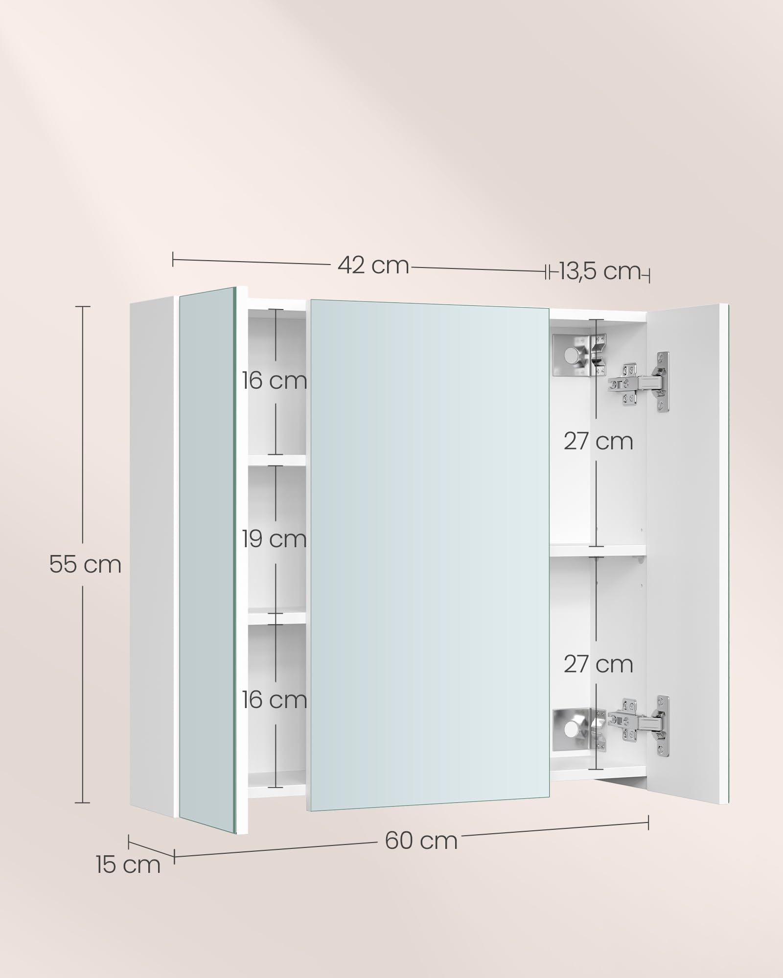 VASAGLE BBK22WT Bathroom Wall Cabinet with Mirror - 3 Door Storage Unit, White, 60W cm 3