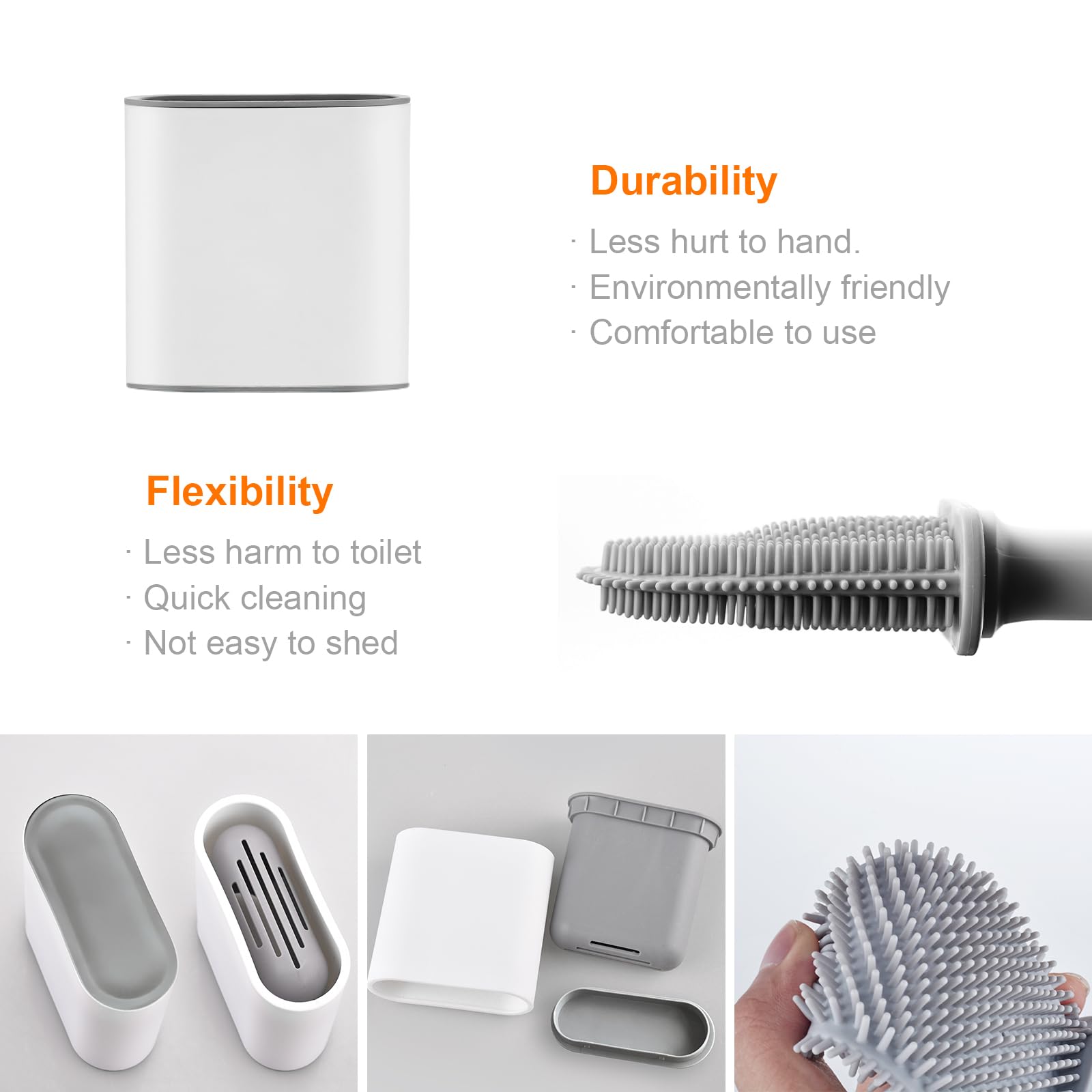 Ibergrif M34151-3 Silicone Toilet Brush & Holder - Quick Drying, Wall Mounted/Floor Standing, White/Grey 6
