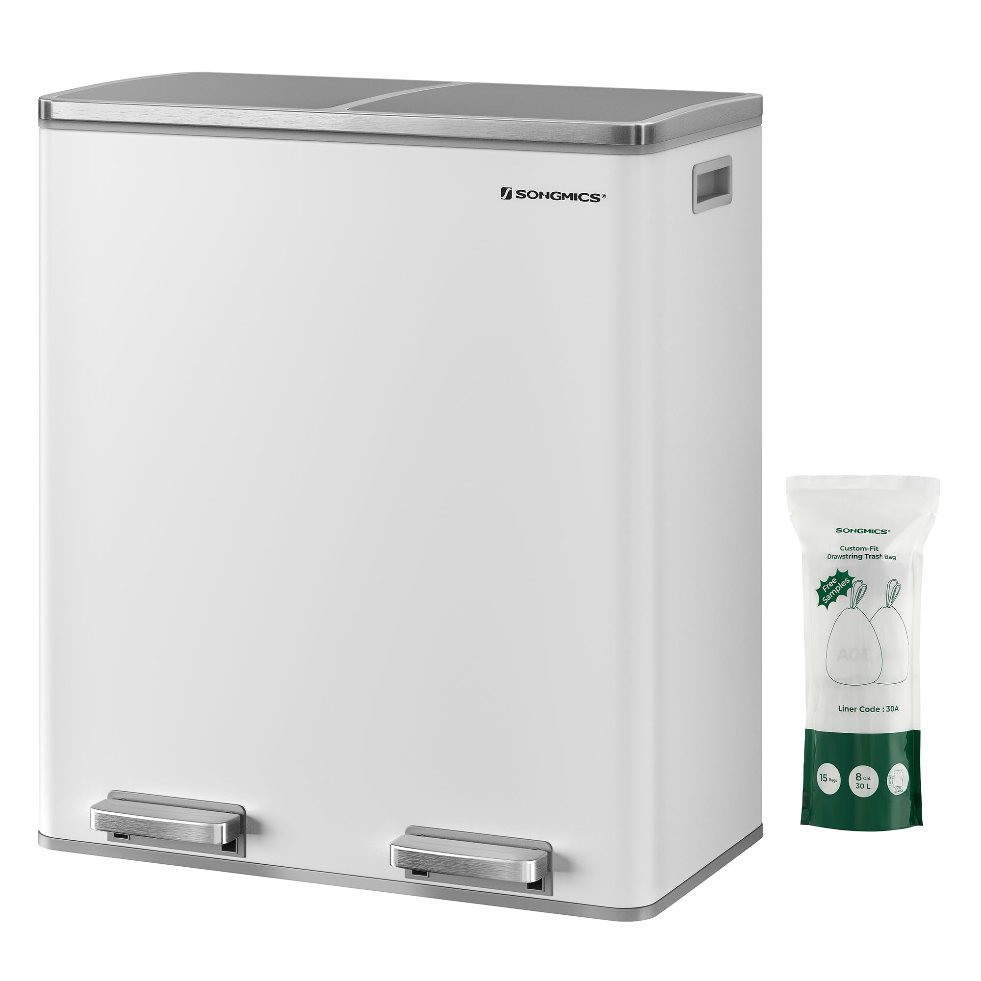 SONGMICS Dual Rubbish Bin - 2 Compartment Recycling Bin with Pedals | 2 x 30 L | White and Grey 1