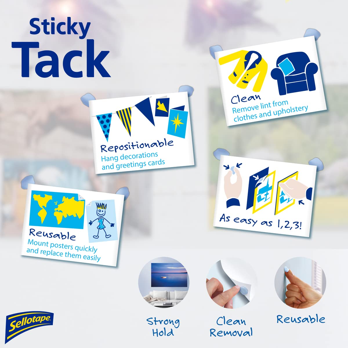 Sellotape Sticky Tack - Reusable Adhesive Putty for Home & Office | 45g Blue 3