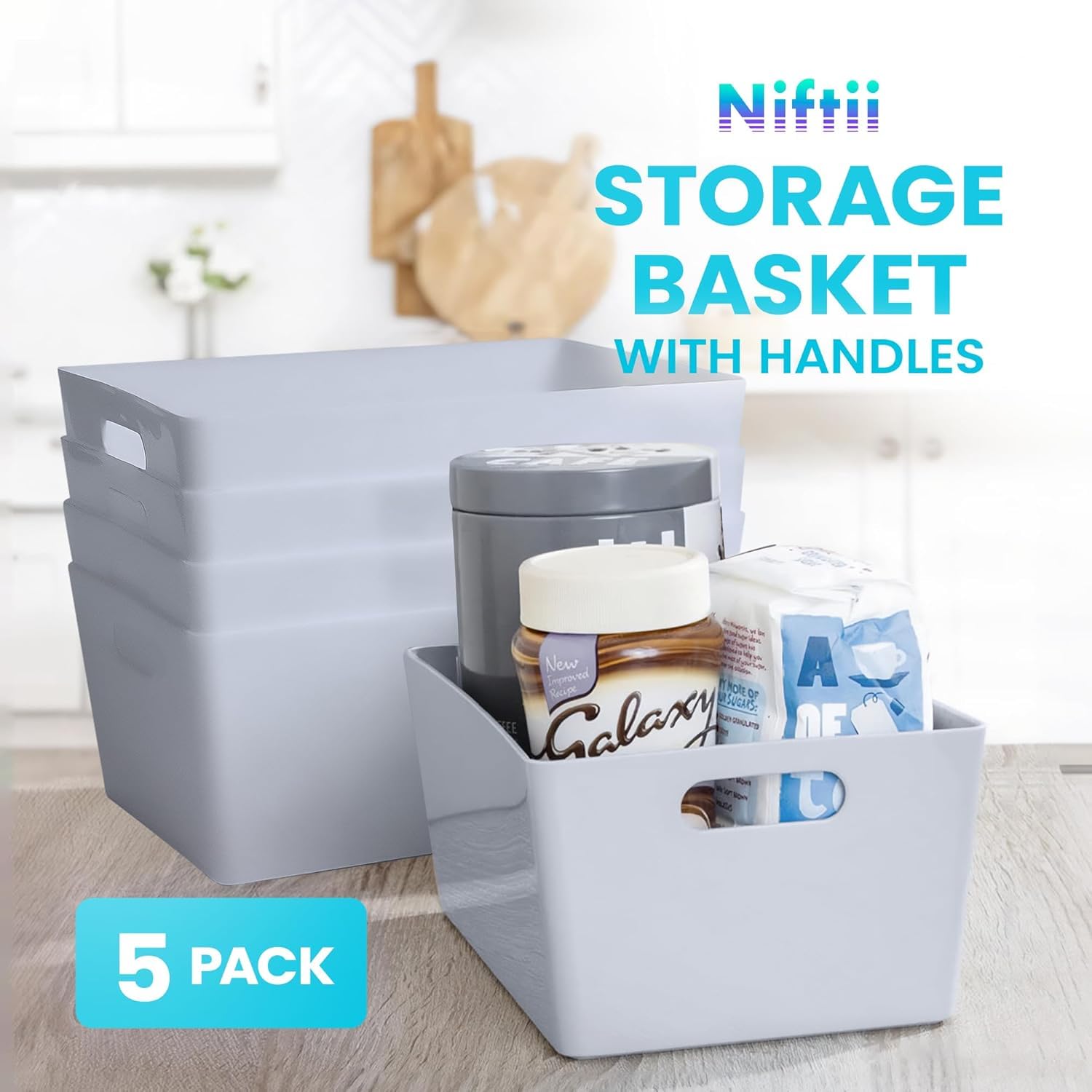 Niftii 5-Pack Plastic Shelf Baskets with Sturdy Handles | 3.9L Capacity | Grey 3