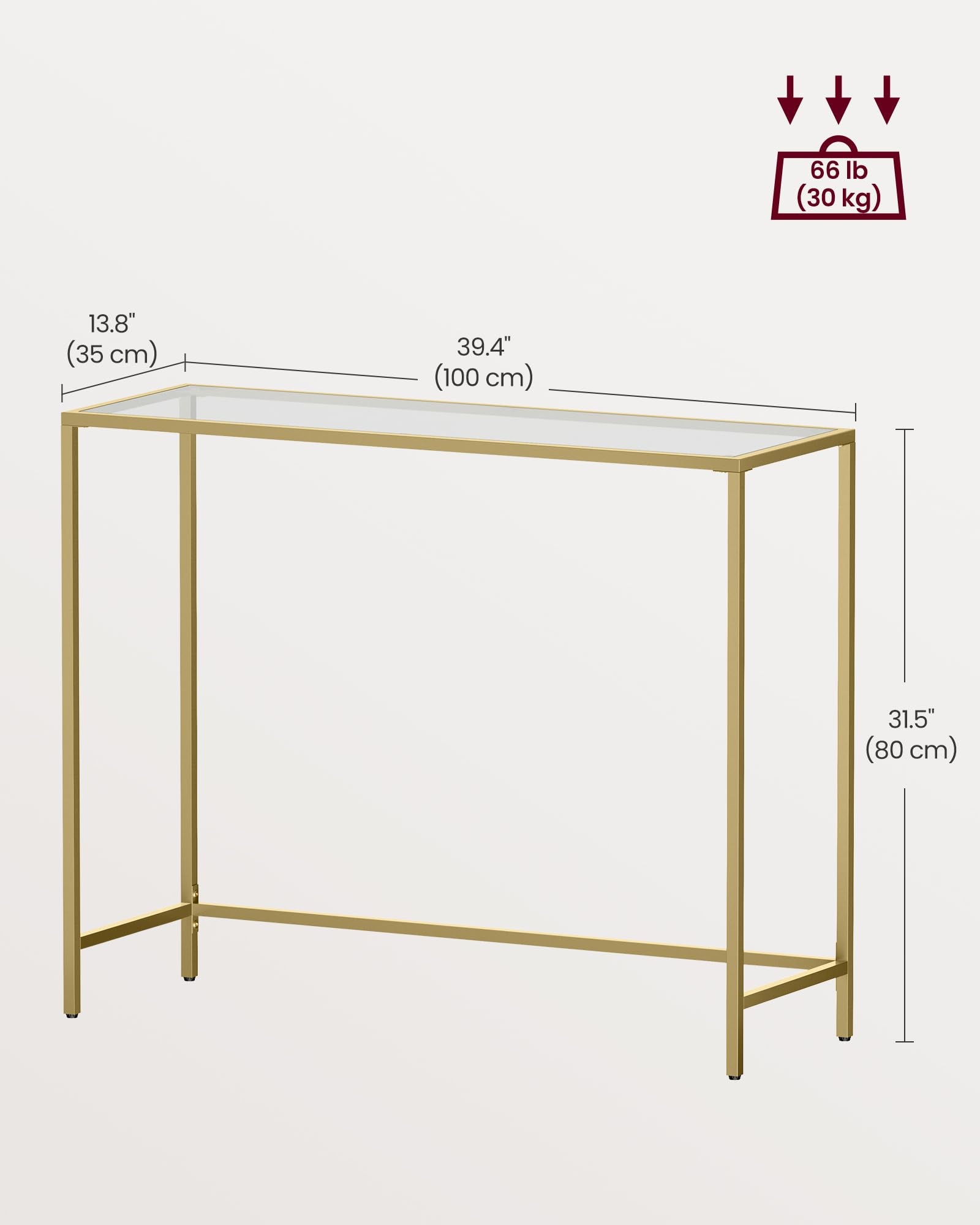 VASAGLE Console Table - Tempered Glass Top | Metal Frame | 100x35x80 cm | Gold Finish 3