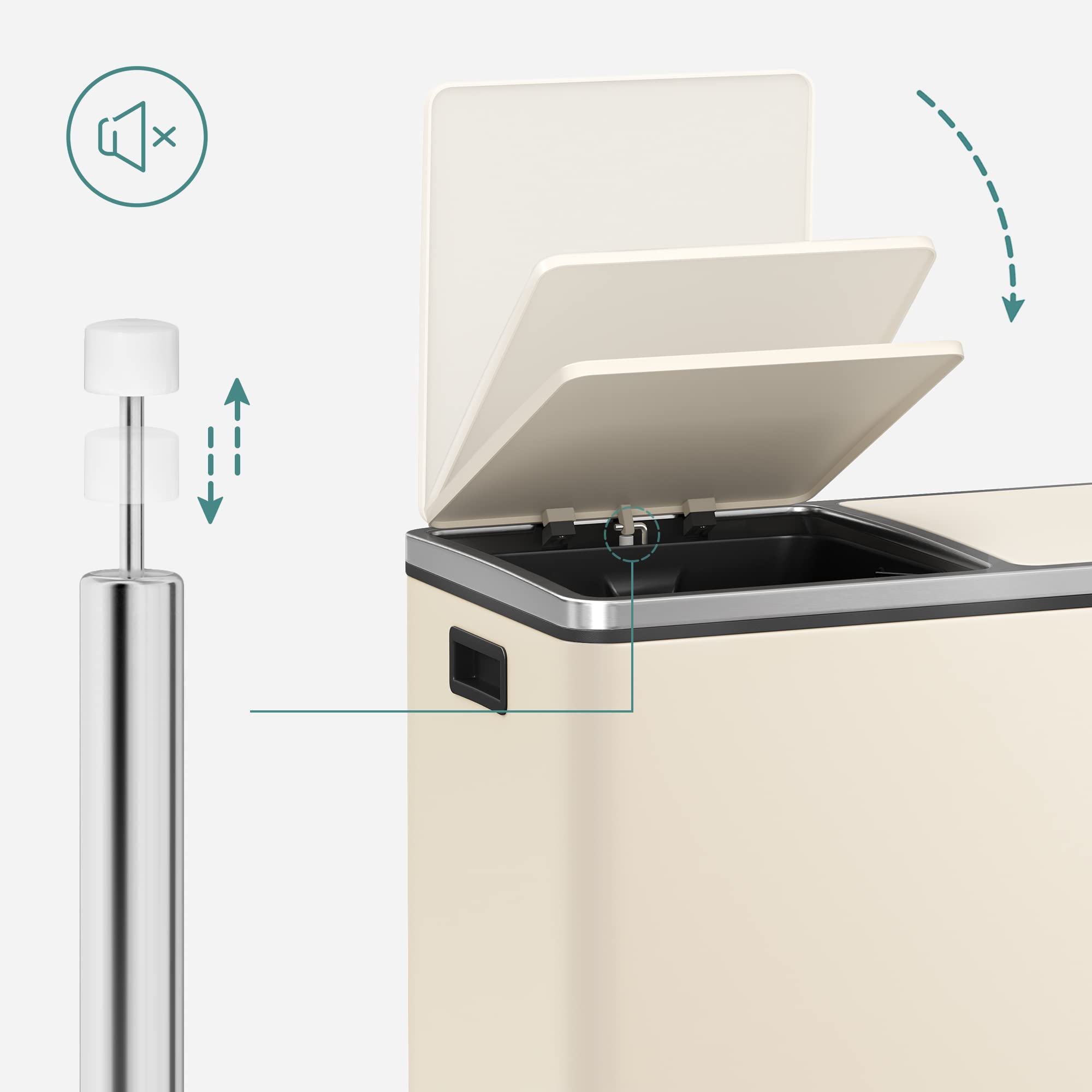 SONGMICS Dual Recycling Bin - 2 Compartments, 2 x 30L Capacity, Cream | Soft Close Pedal | Steel 3