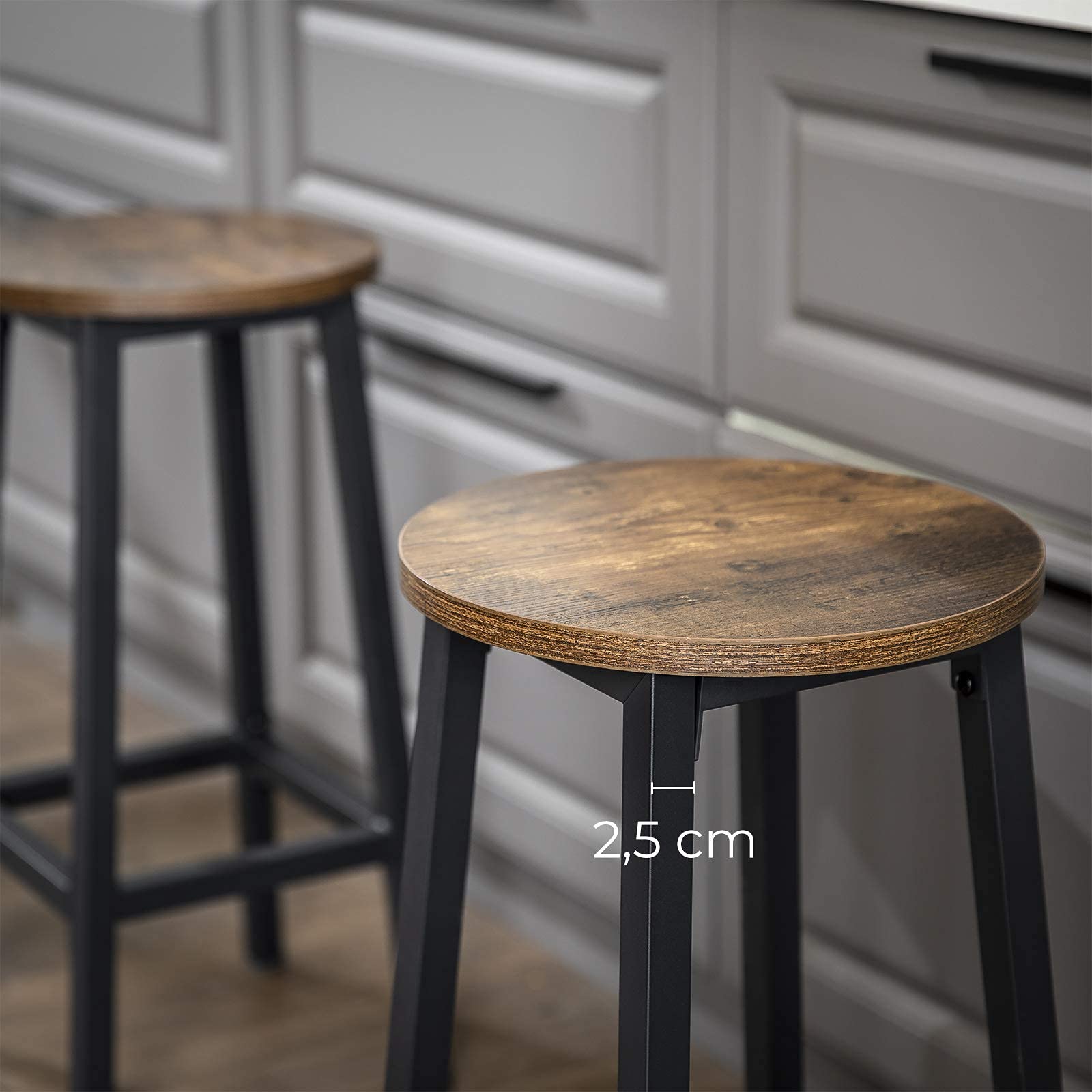 VASAGLE Set of 2 Bar Stools - Industrial Style, Rustic Brown & Black, Steel Frame, 65 cm Height | LBC32X 6