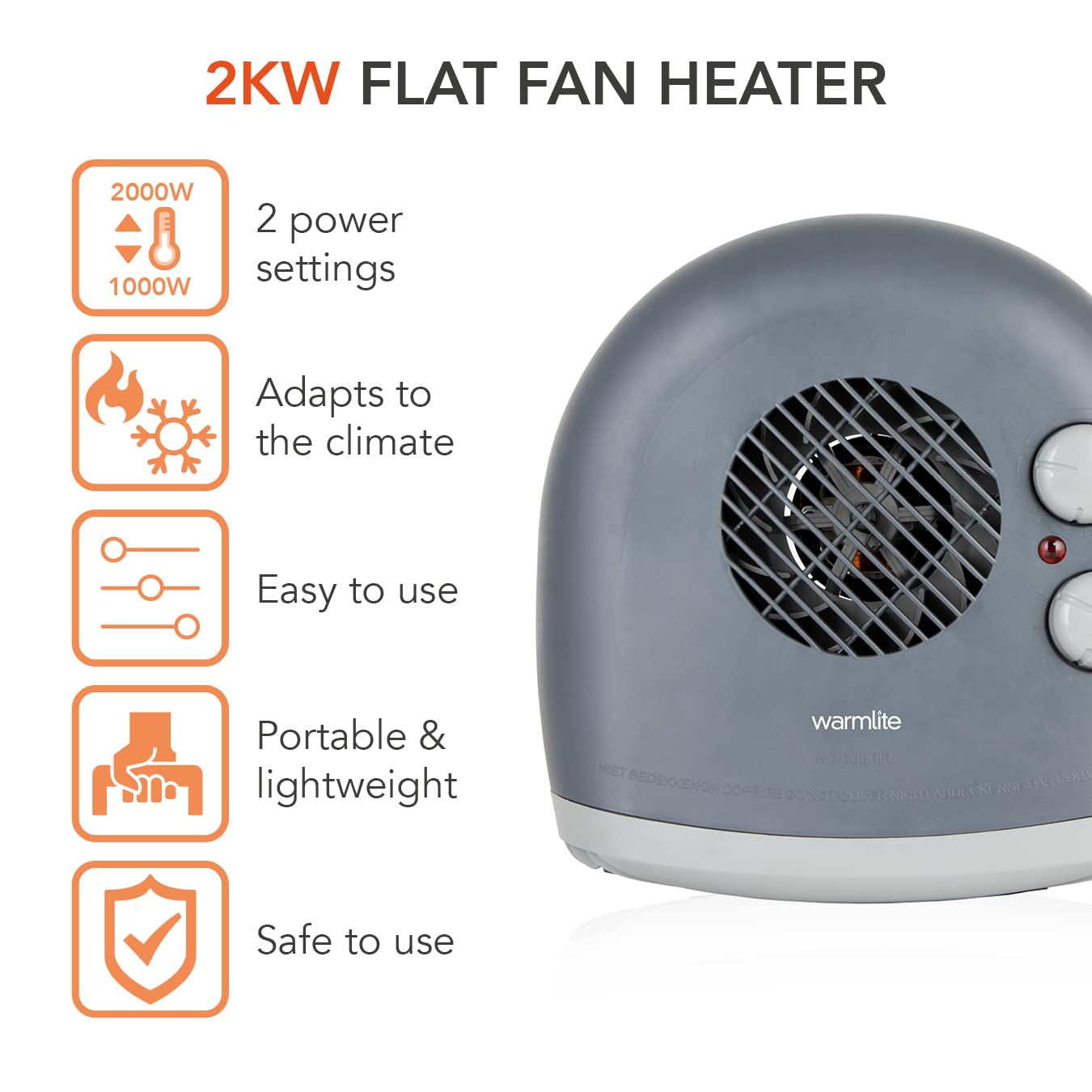 Warmlite WL44004DT 2000W Portable Flat Fan Heater with 2 Heat Settings & Overheat Protection, Dark Titanium 2