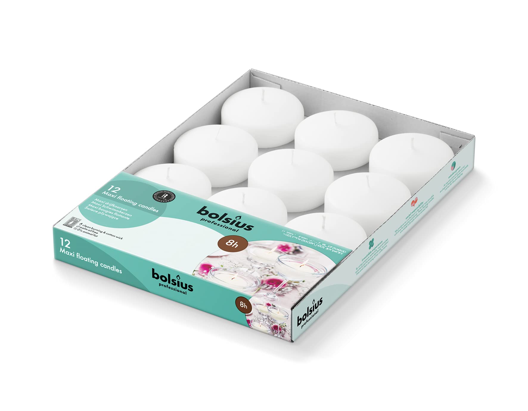 BOLSIUS Maxi Floating Candles - White, 12 Pieces | Ø 7.6 cm | 8 Hour Burn Time 8