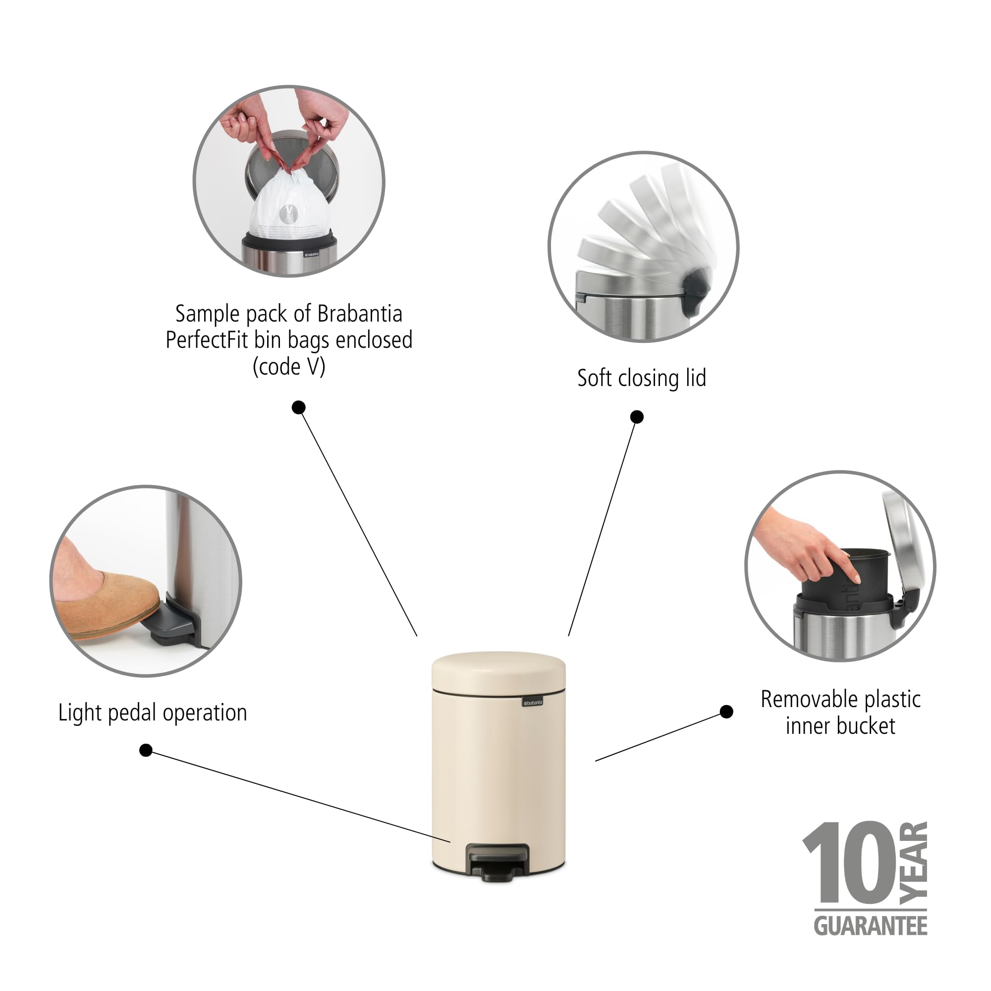 Brabantia NewIcon Pedal Bin 3L for Bathroom/Toilet | Soft Closing Lid | Soft Beige 2