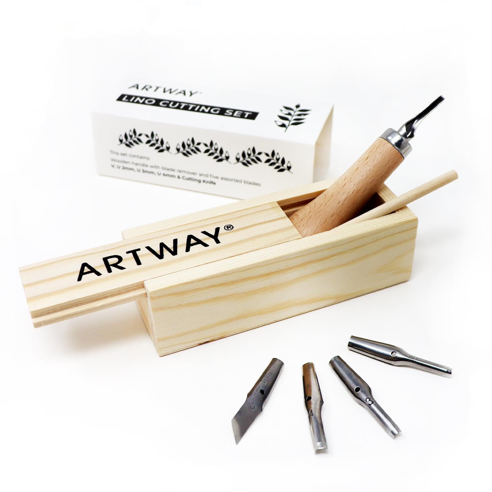 Artway Lino Cutting Tools Set - 5 Assorted Steel Nibs & Beechwood Handle for Relief Printmaking 1