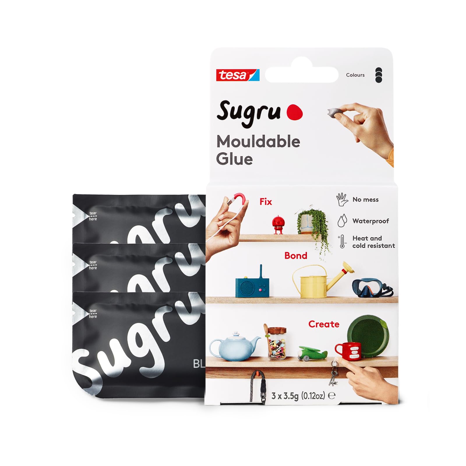 tesa Sugru Moldable Multi-Purpose Glue - Black, 3 Pack | Strong Hold up to 2kg | Waterproof 1