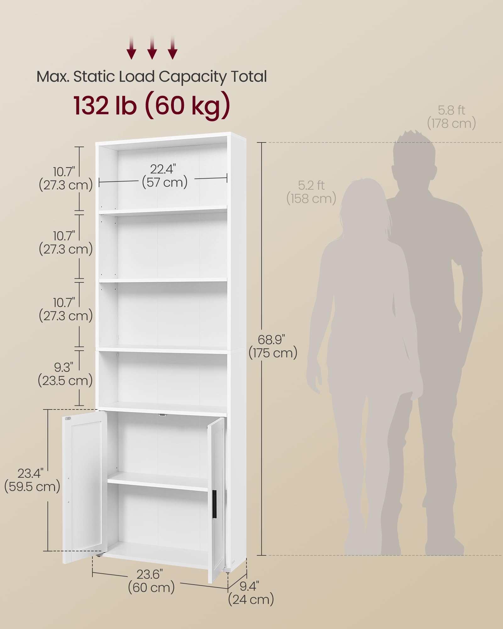 VASAGLE 6-Tier Bookcase with Doors - Cloud White | Adjustable Shelves | 24 x 60 x 175 cm 2