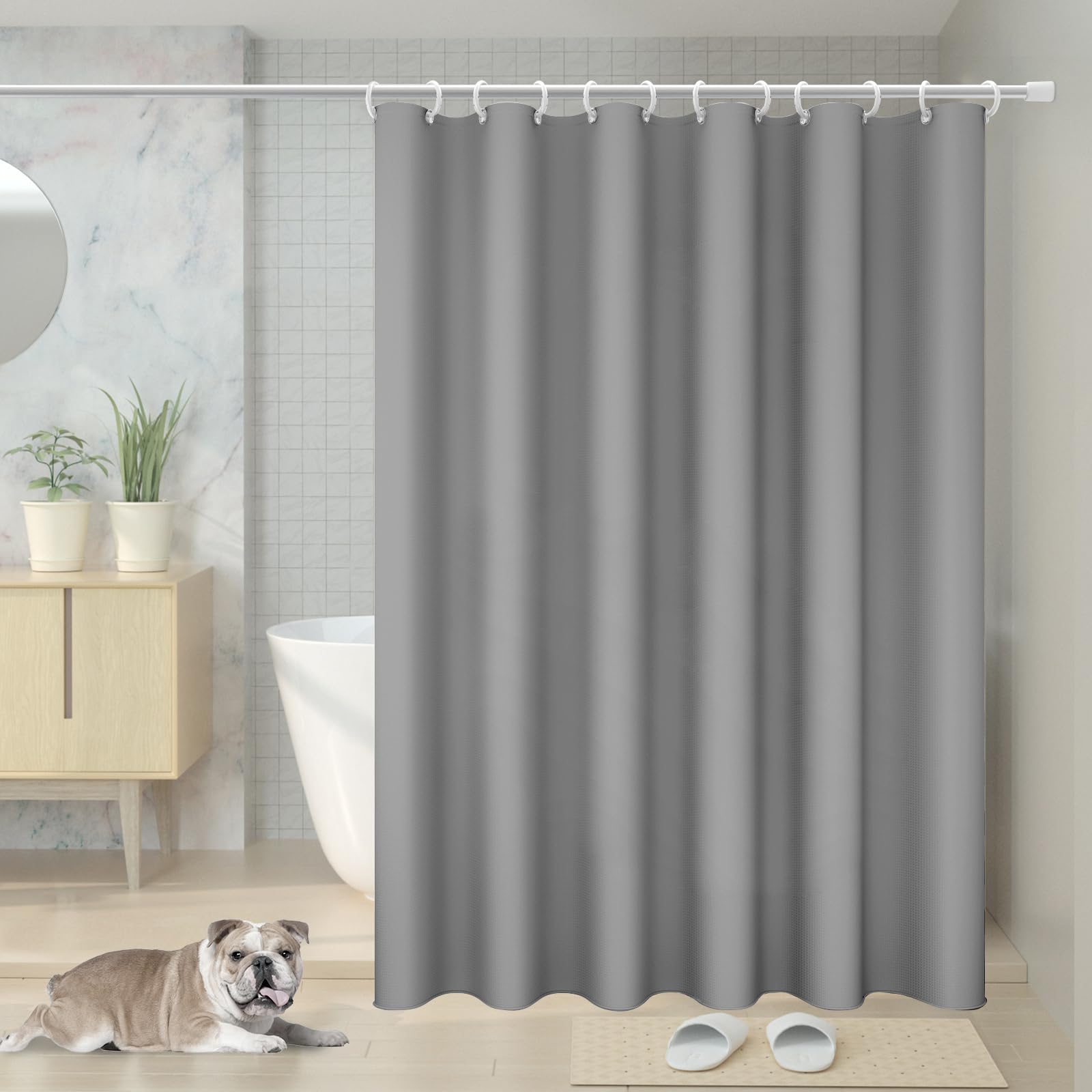 Vinabo Grey PEVA Shower Curtain - 180 x 200 cm Waterproof & Quick Drying | Includes 12 Hooks 1
