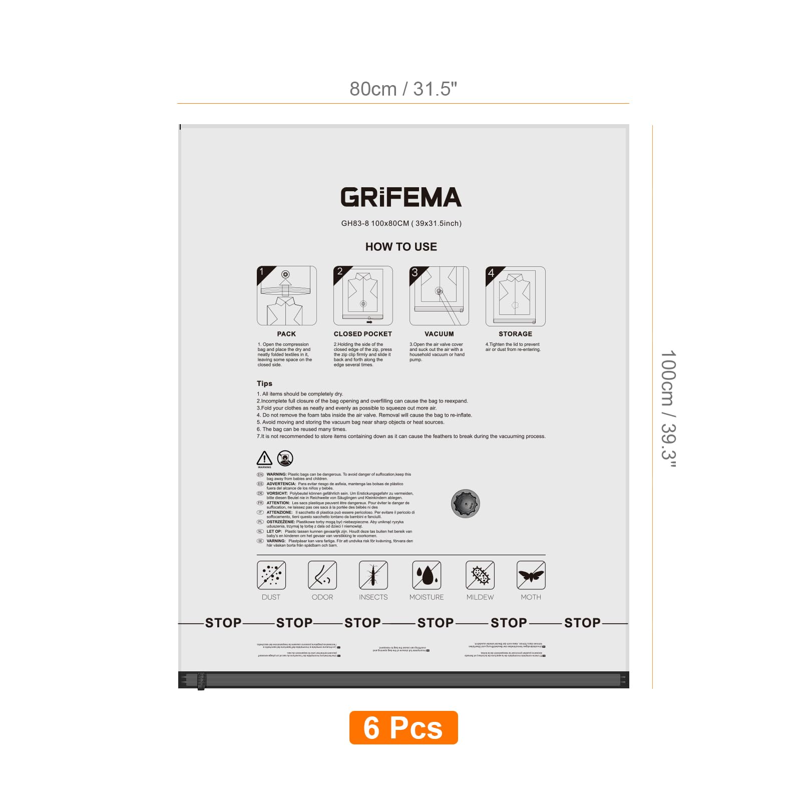 GRIFEMA GH83-8 Space Saver Bags - 6 Pack Extra-Large 100x80 cm Vacuum Storage for Clothing & Bedding 8