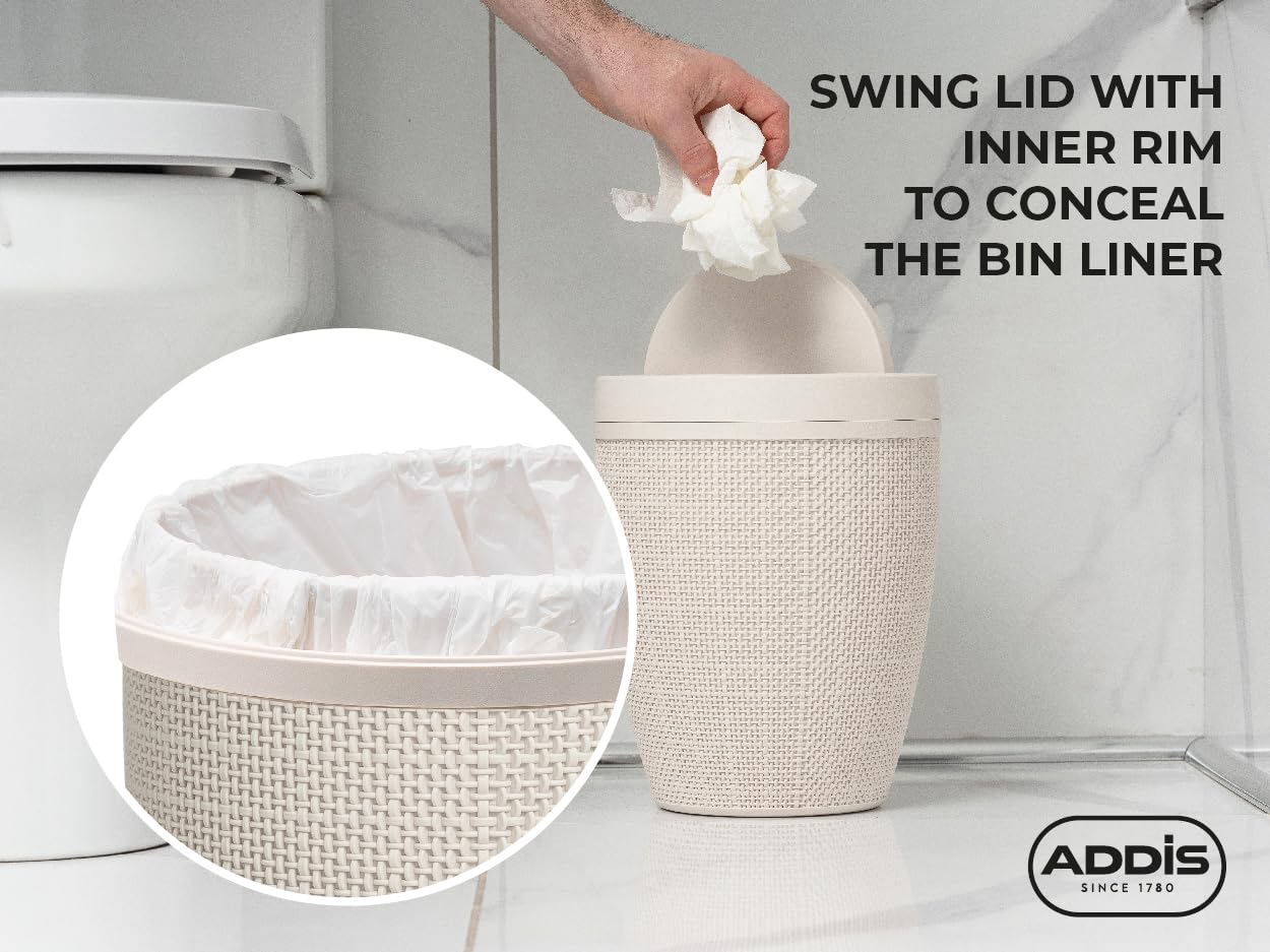 Addis 5L Plastic Bathroom Bin with Swing Lid | Faux Hessian Design | Calico Linen 4