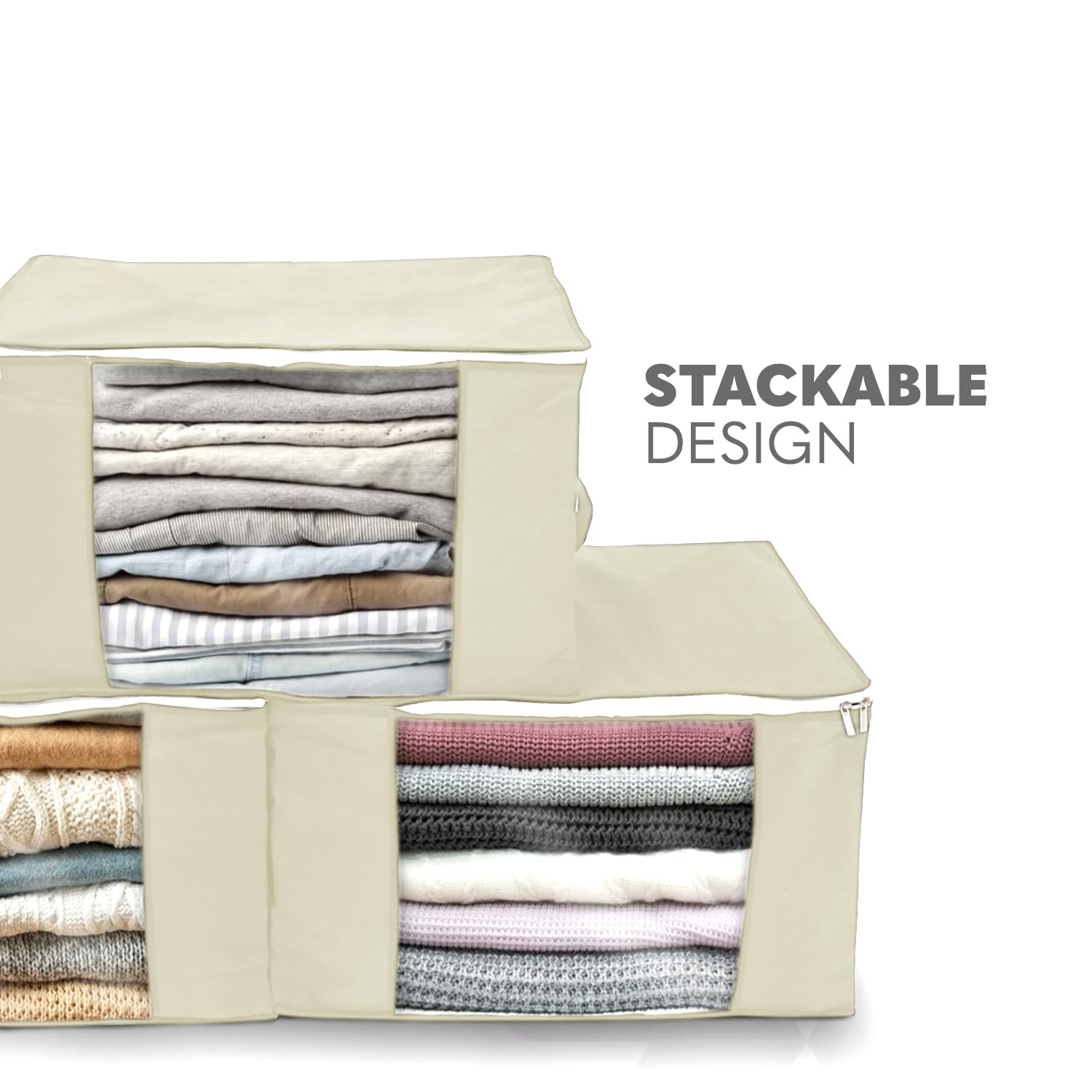 delka 90L Under-Bed Storage Bags with Lids, Beige Fabric, 3 Items | Foldable & Transparent 6