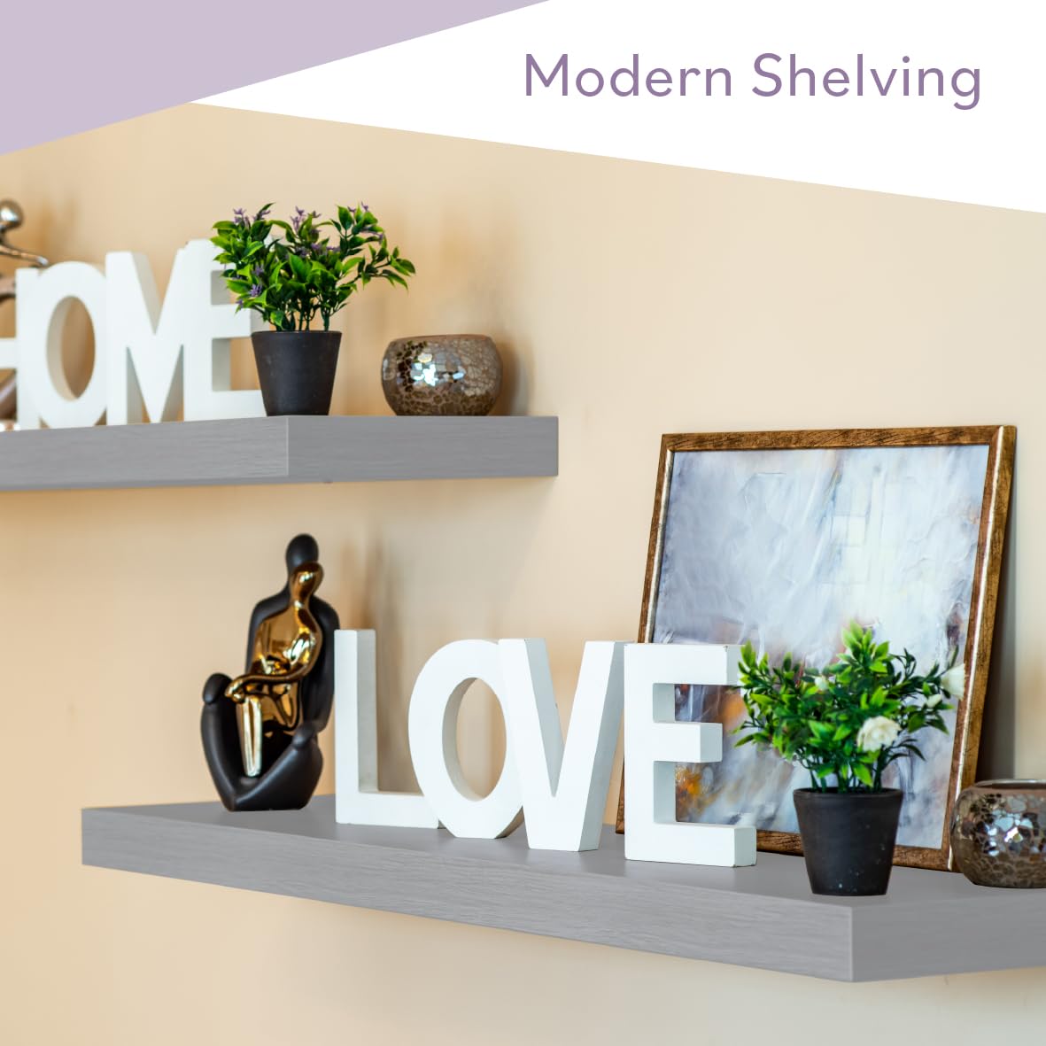 Anika Floating Shelf - Grey High Gloss Finish | 60cm x 23cm | 3.8cm Thick Hollowboard | Max Load 15KG 2