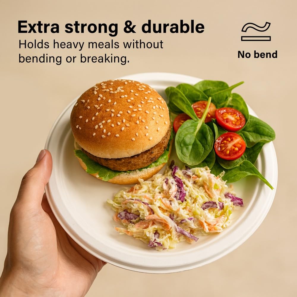 Vivo Technologies 50 Pack 7 Inch Bagasse Plates - Extra Strong, Compostable, Oil & Cut Resistant 4