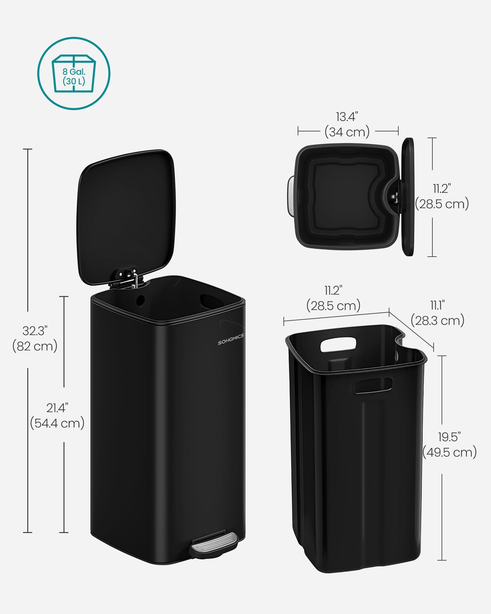 SONGMICS 8 Gallon (30 L) Steel Pedal Bin - Ink Black | Soft Close Lid | Inner Bucket 7
