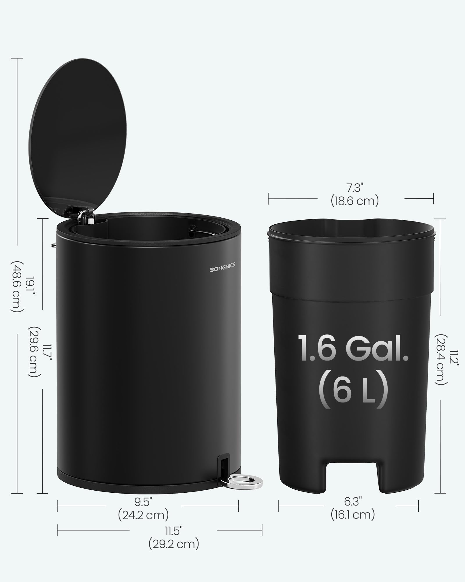 SONGMICS Bathroom Bin with Lid - 6 L Capacity | Soft-Close | Foot Pedal Operated | Ink Black Steel 7