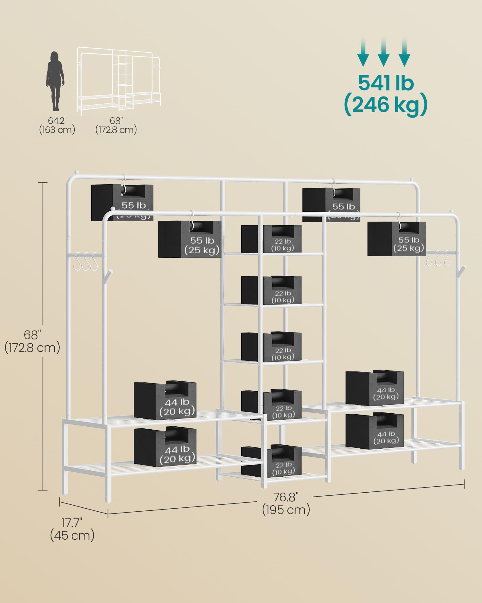 SONGMICS Open Wardrobe Clothes Rack - 4 Rails, 9 Shelves, 2 Hooks | White Alloy Steel 5