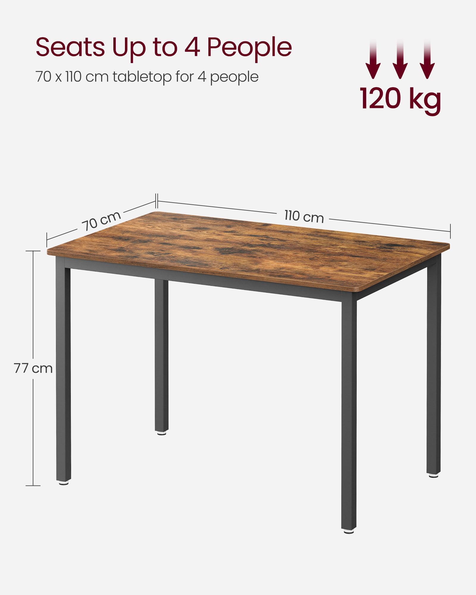 VASAGLE Dining Table for 4 People - Industrial Style | 110 x 70 cm | Rustic Brown & Black 7