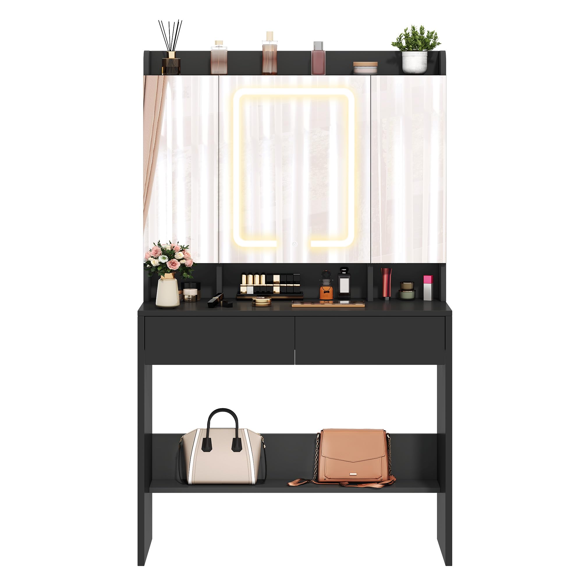 YITAHOME Dressing Table with 3 Mirrors & LED Lights | Black Finish | 90 x 145 x 40 cm 9