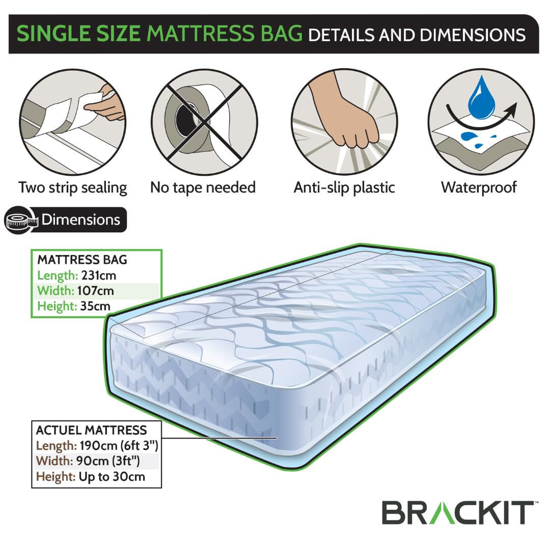 brackit Single Size Mattress Bag for Moving, Storage, and Transport | Waterproof | Self-Adhesive Seal